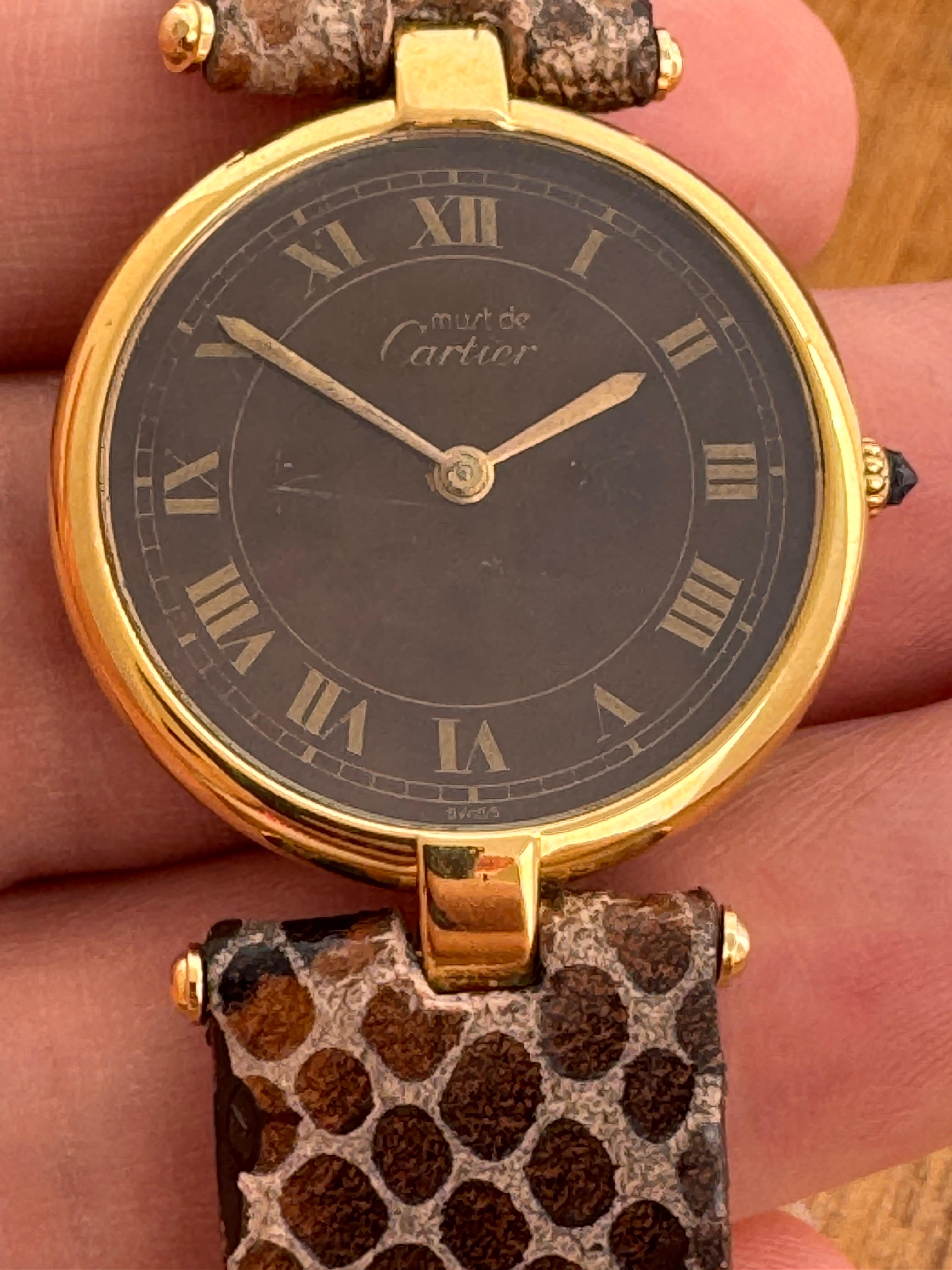 Cartier Vendome Must de CARTIER Vendôme Vermeil Unique Roman Brown Spider Dial W For Sale 4