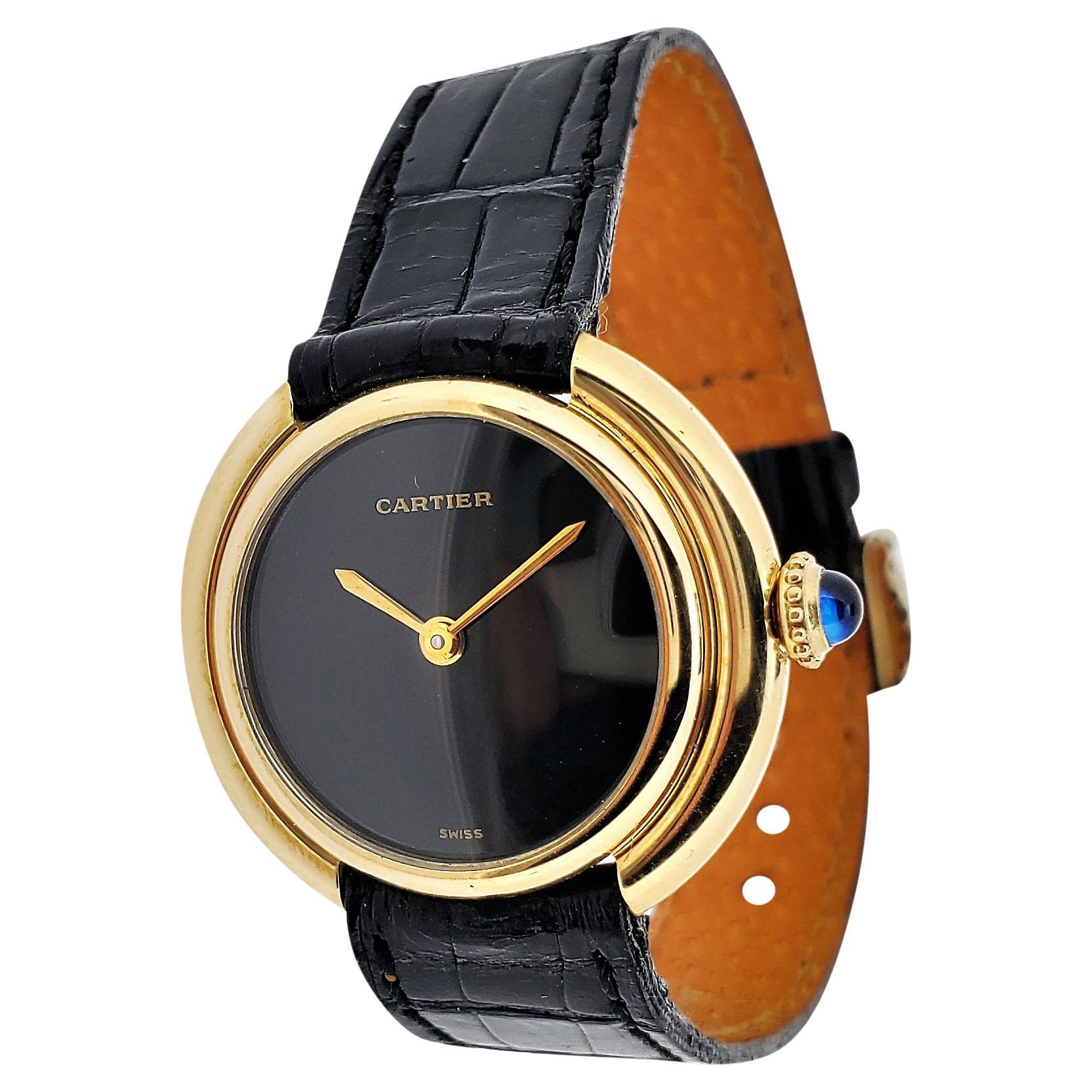 Cartier Vendome Small Size with Black Dial circa 1975-1985 For Sale
