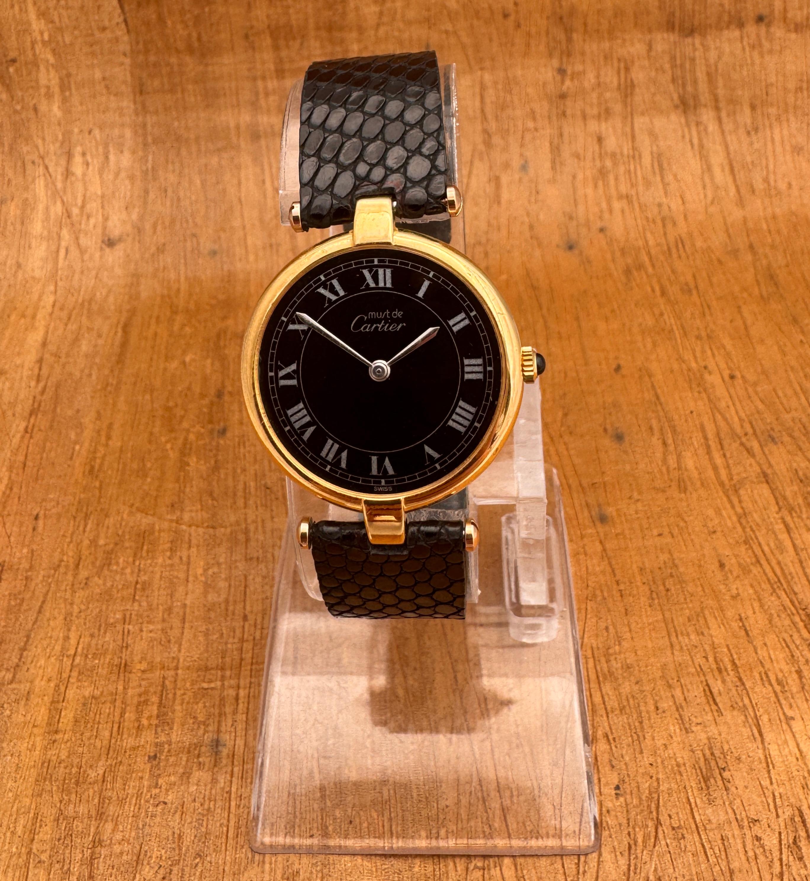 Men's Cartier Vendome Vermeil 925 Roman Black Dial 30mm Watch For Sale
