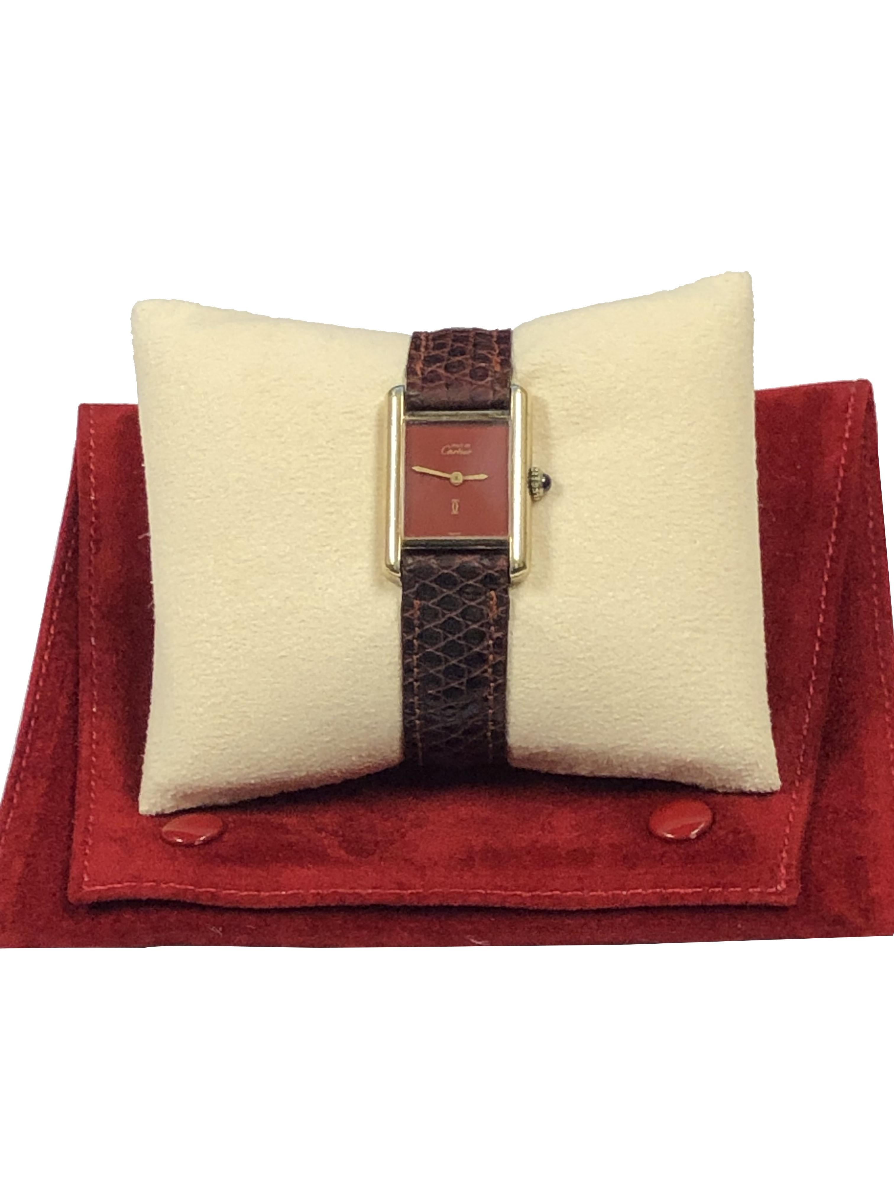Cartier Vermeil Classic Mechanical Tank Watch with Burgundy Enamel Dial In Good Condition In Chicago, IL