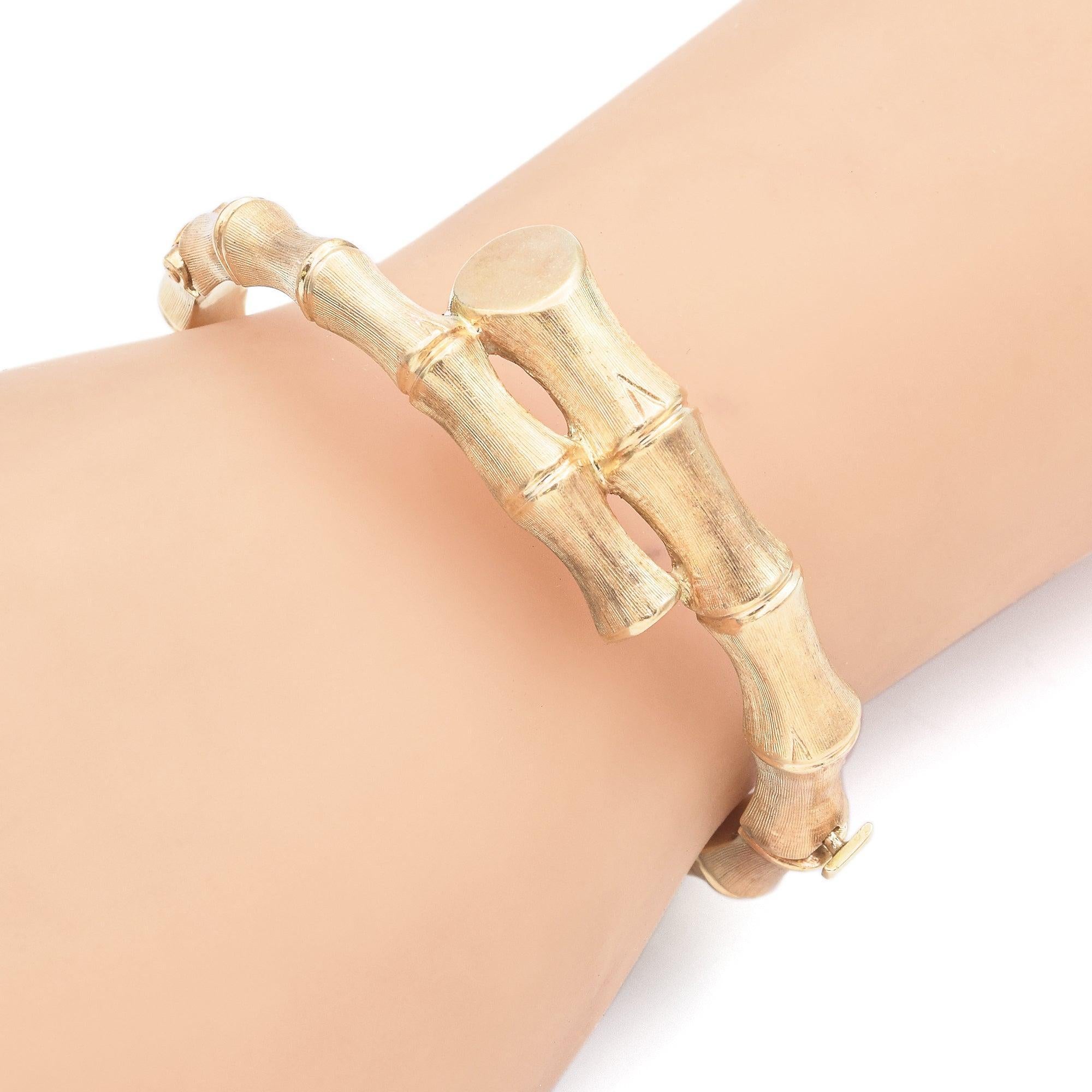 Art Deco Cartier Vintage 14K Yellow Gold Bamboo Hinged Bangle Bracelet