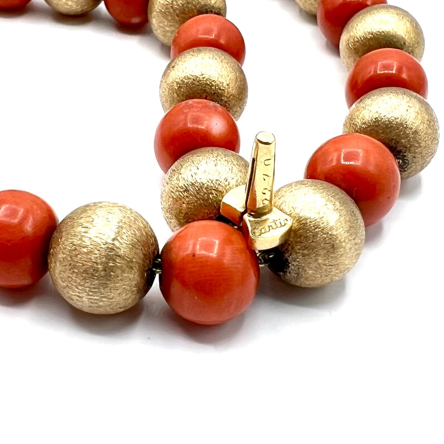 Women's or Men's Cartier Vintage 14 Karat Gold and Red Mediterranean Coral Bead Necklace