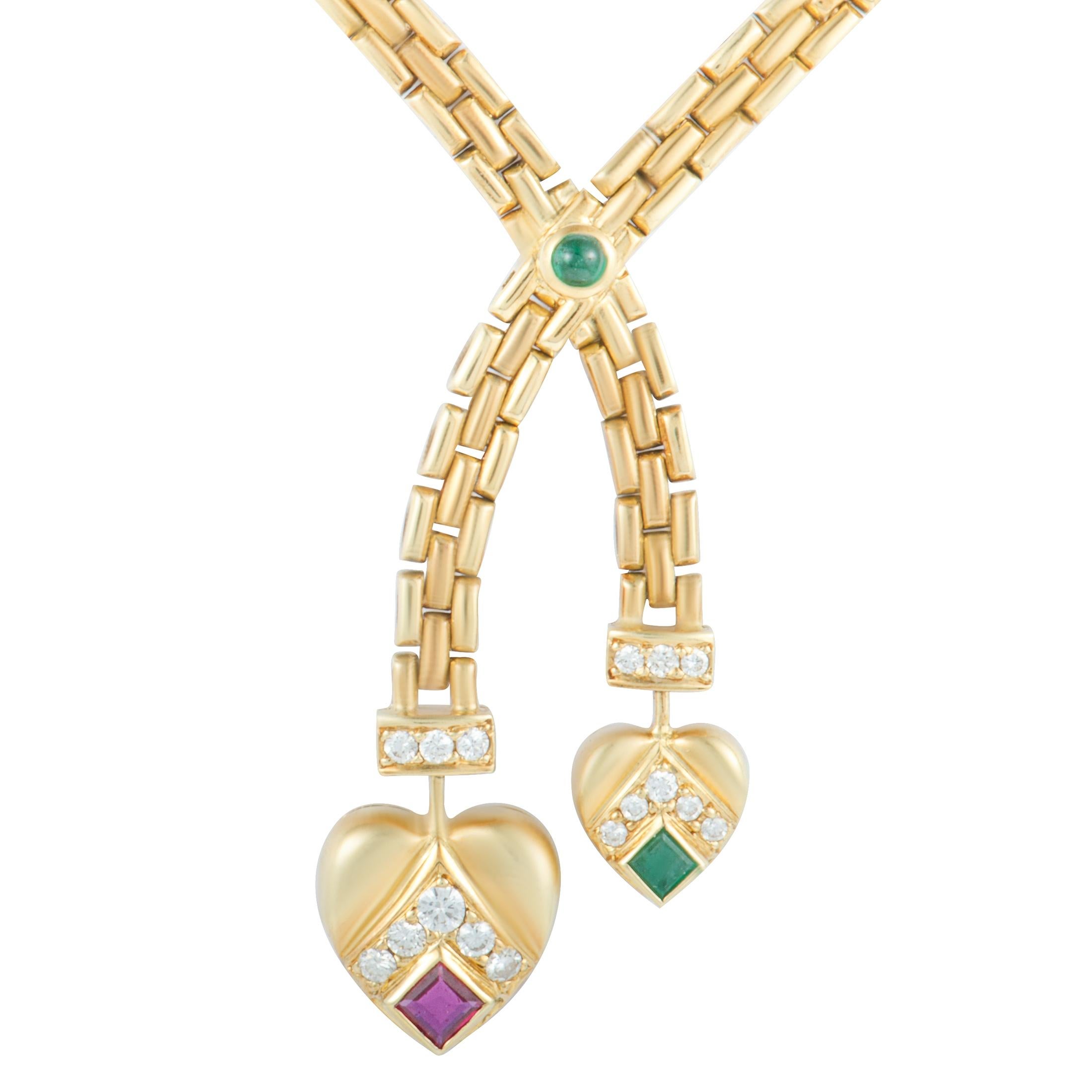 Cartier Vintage 18 Karat Gold Diamond Ruby and Emerald Dangling Hearts Choker In Excellent Condition In Southampton, PA
