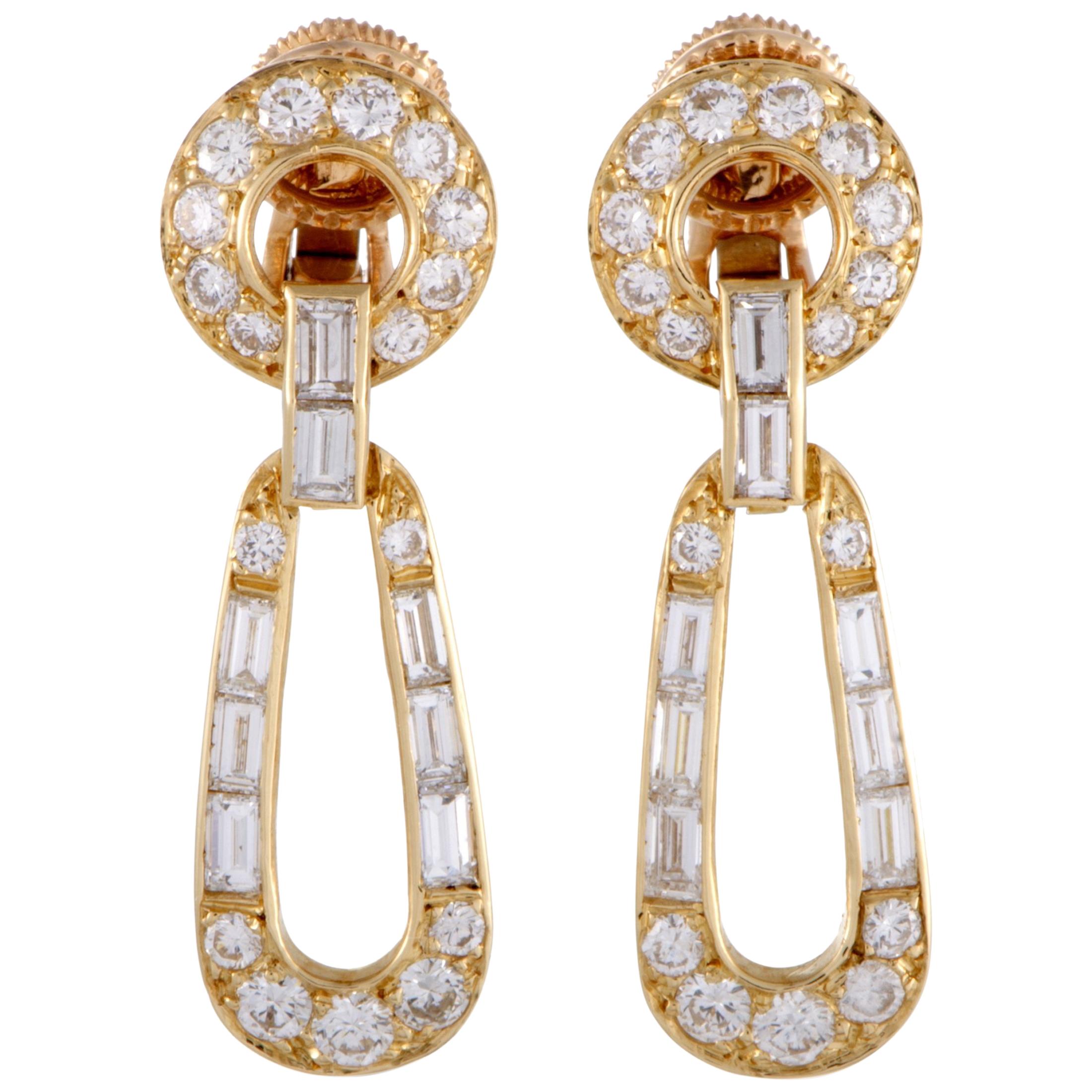 Cartier Vintage 18 Karat Gold Round and Baguette Diamonds Loop Clip-On Earrings