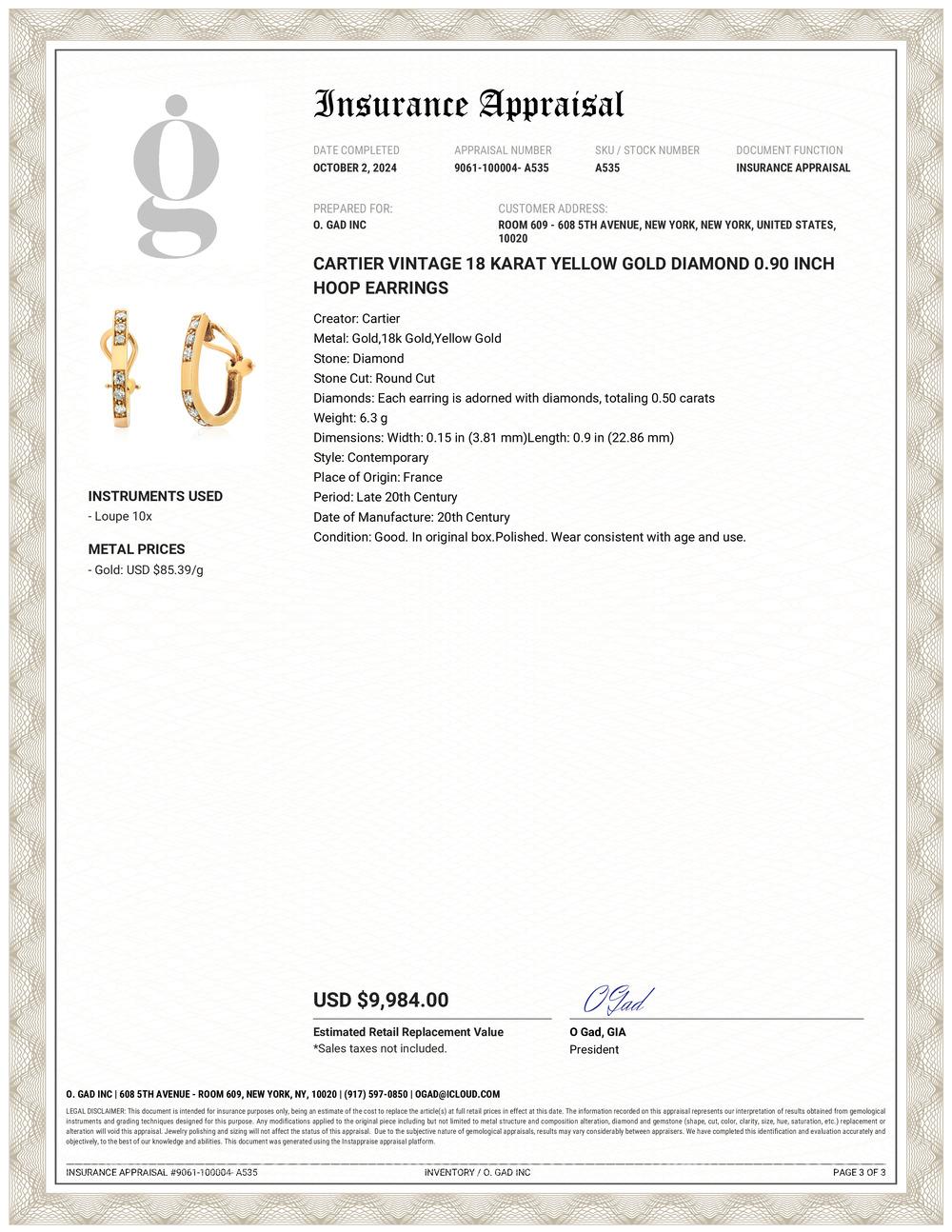 Round Cut Cartier Vintage 18 Karat Yellow Gold Diamond 0.90 Inch Hoop Earrings