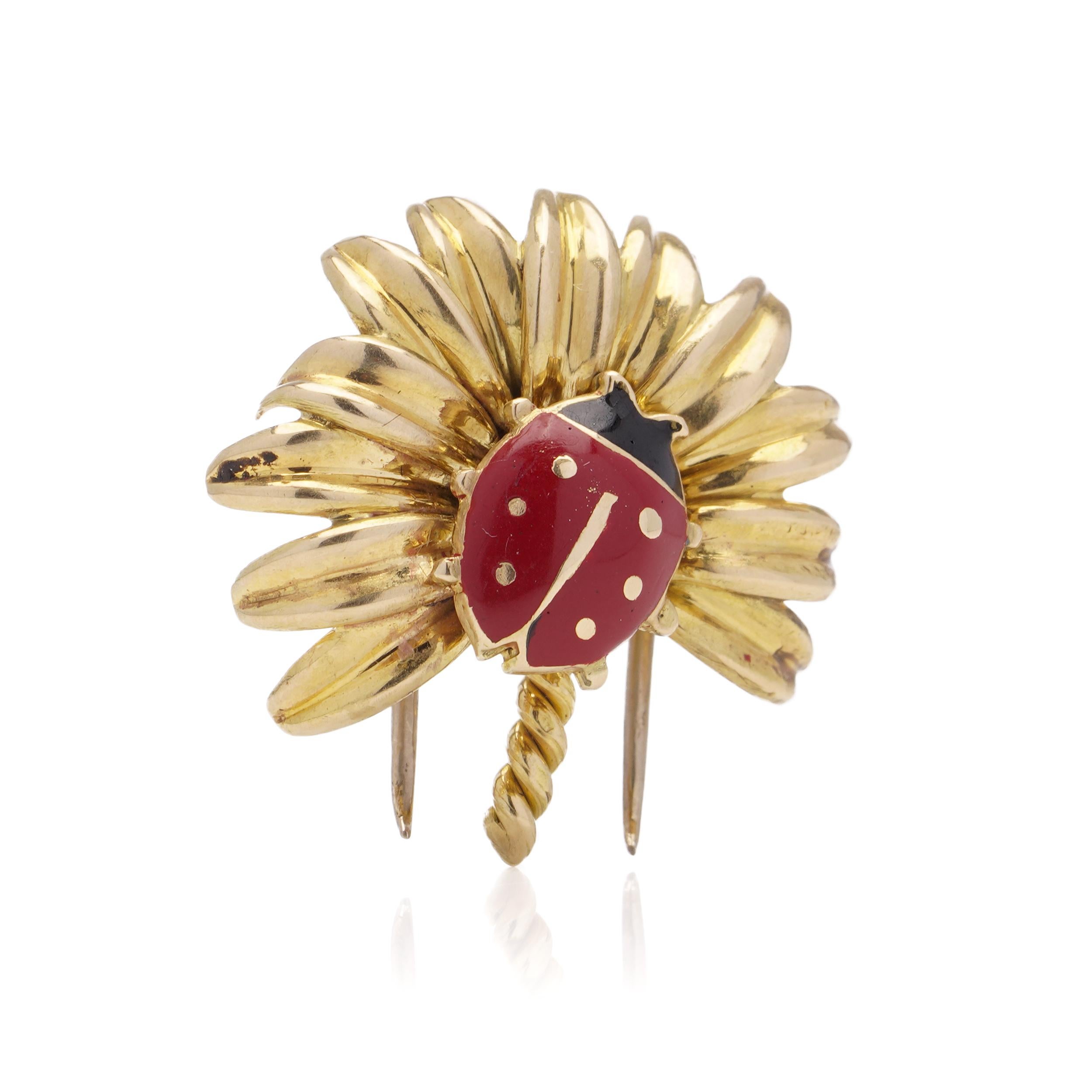 Cartier vintage 18-karat yellow gold ladybug and flower brooch  In Good Condition In Braintree, GB