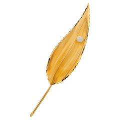 Spilla Cartier vintage in oro giallo 18 carati con foglie e perle