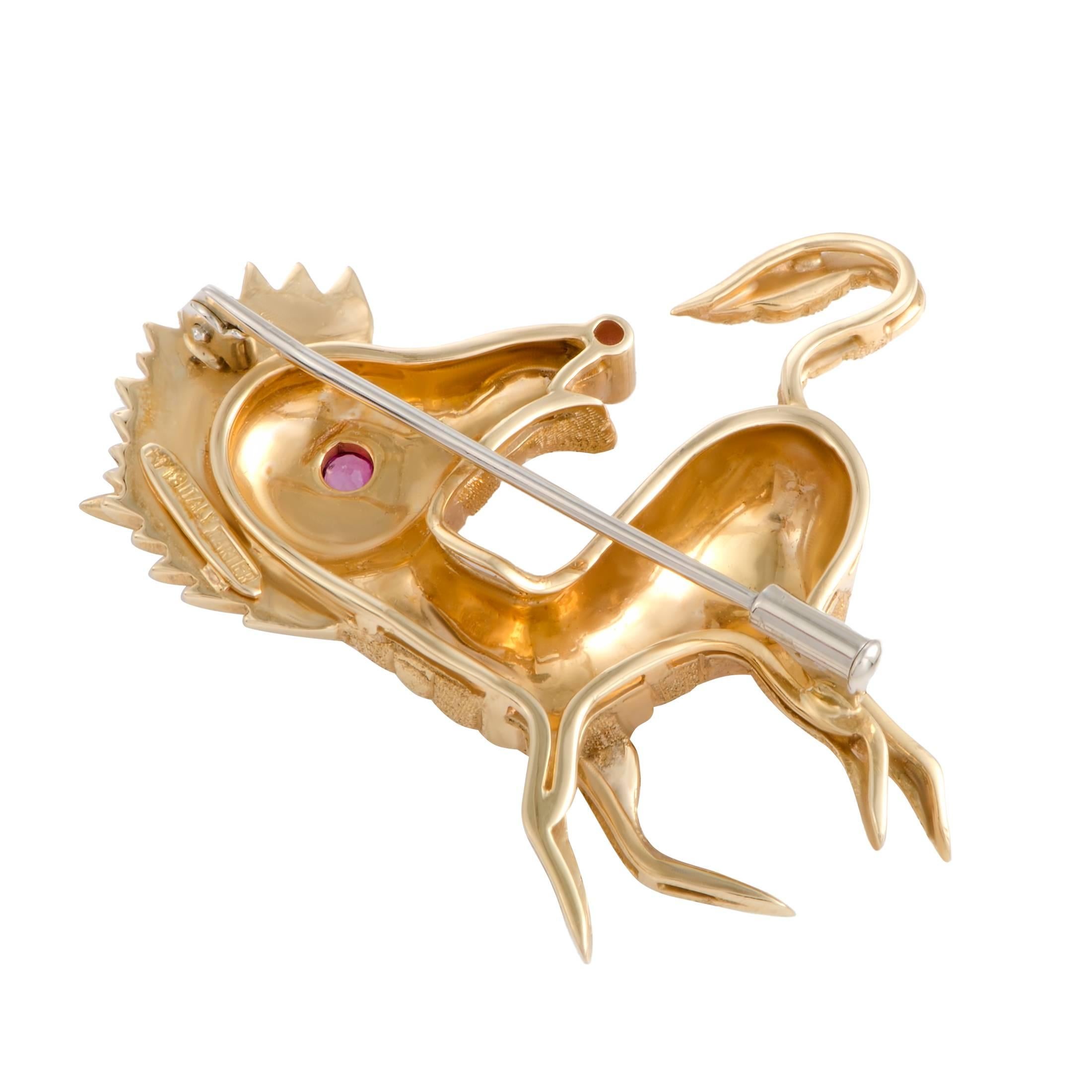 This vintage Cartier piece features an incredibly imaginative design, offering a wonderfully eye-catching appearance. The brooch is made of radiant 18K yellow gold and decorated with striking rubies.
Included Items: Manufacturer's Box