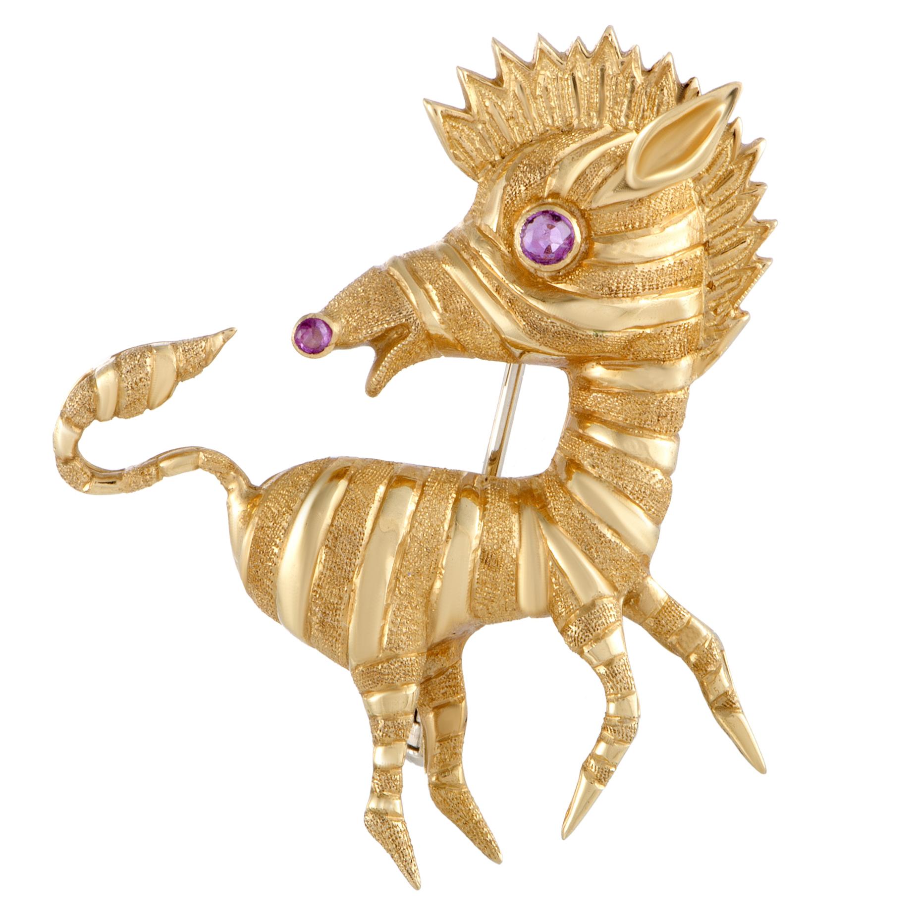 Round Cut Cartier Vintage 18 Karat Yellow Gold Ruby Zebra Brooch