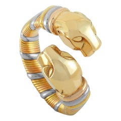 Cartier Vintage 18 Karat Yellow, White and Rose Gold Double Panther Head Ring