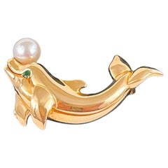 Cartier Vintage 18K Gold Dolphin and Pearl Brooch