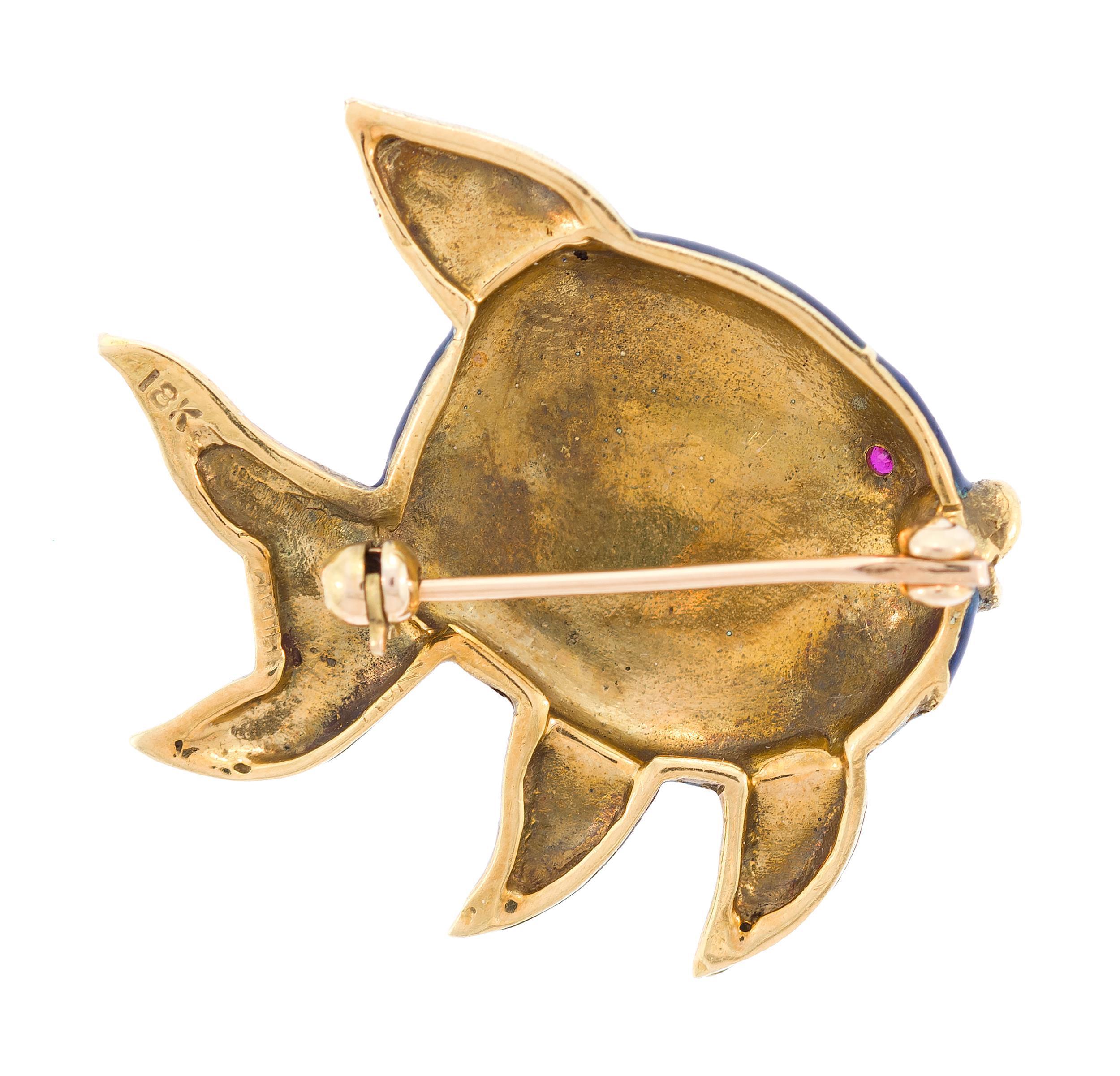 Cartier Vintage 18K Yellow Gold Blue Green Enamel Fish Brooch with Ruby Eye For Sale 7