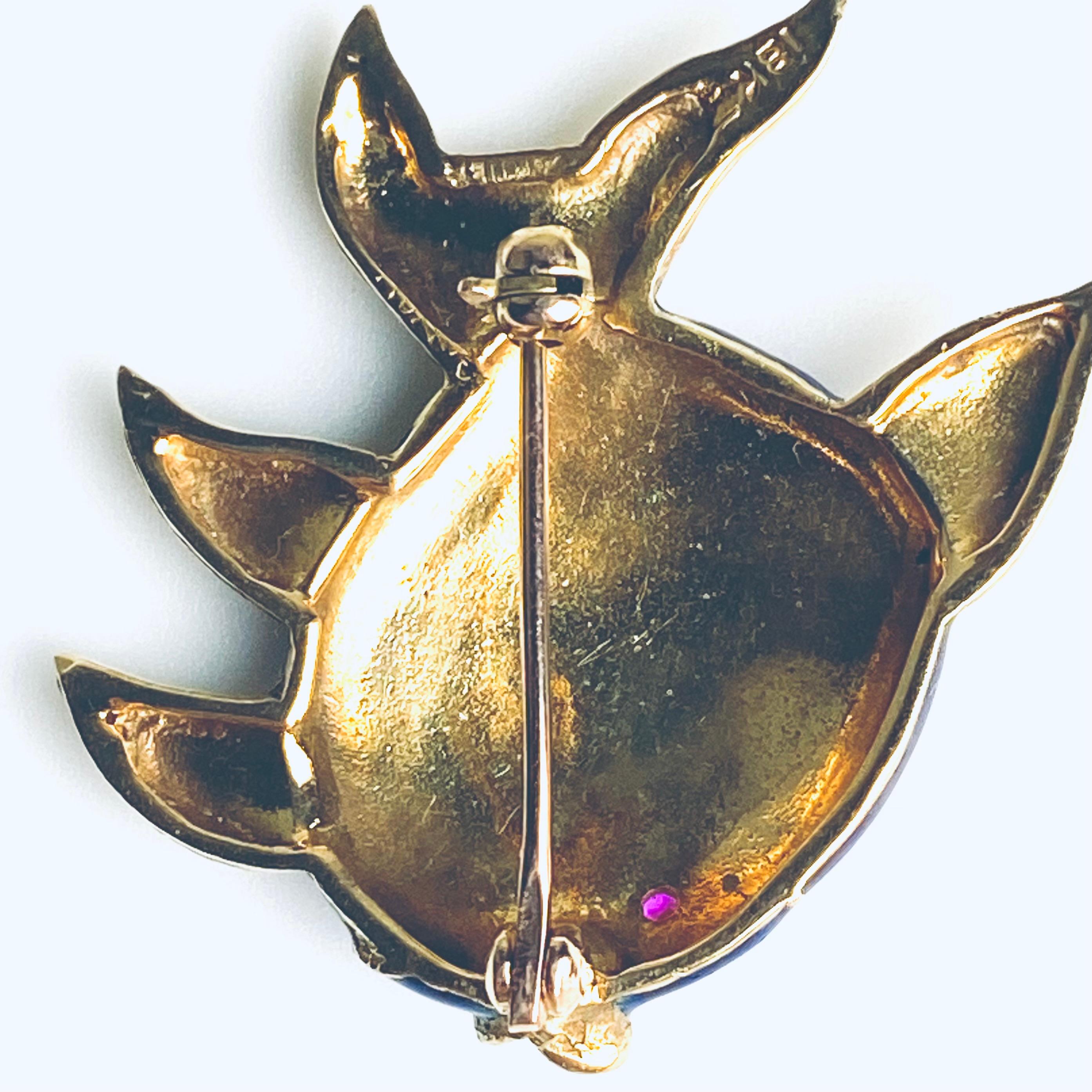 Cartier Vintage 18K Yellow Gold Blue Green Enamel Fish Brooch with Ruby Eye For Sale 8