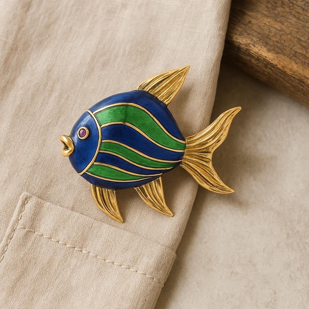 Round Cut Cartier Vintage 18K Yellow Gold Blue Green Enamel Fish Brooch with Ruby Eye For Sale