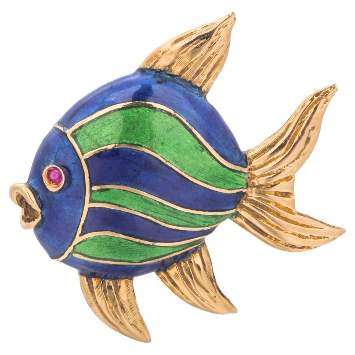 Broche Cartier Vintage de oro amarillo de 18 quilates con esmalte azul y verde y ojo de rubí