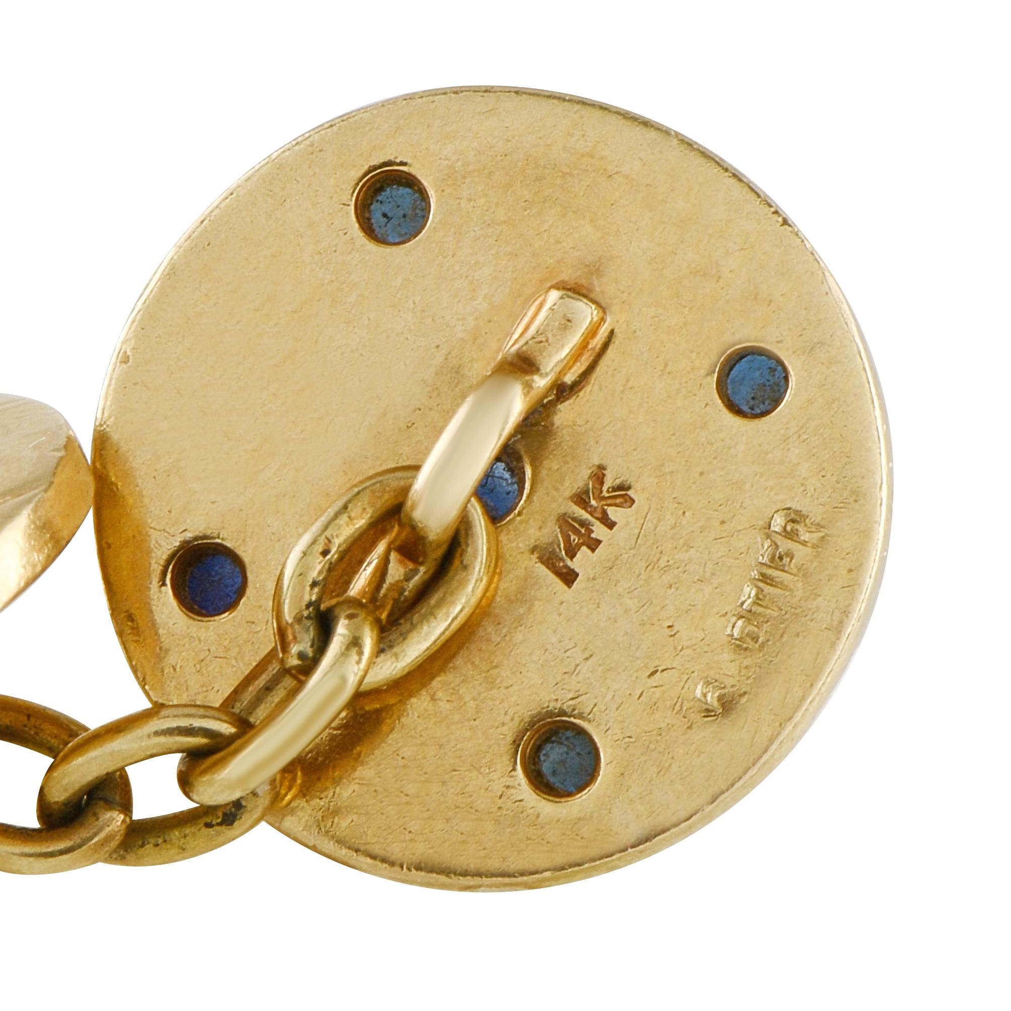 Taglio rotondo Gemelli Cartier vintage in oro giallo 18 carati con zaffiro cabochon a catena in vendita