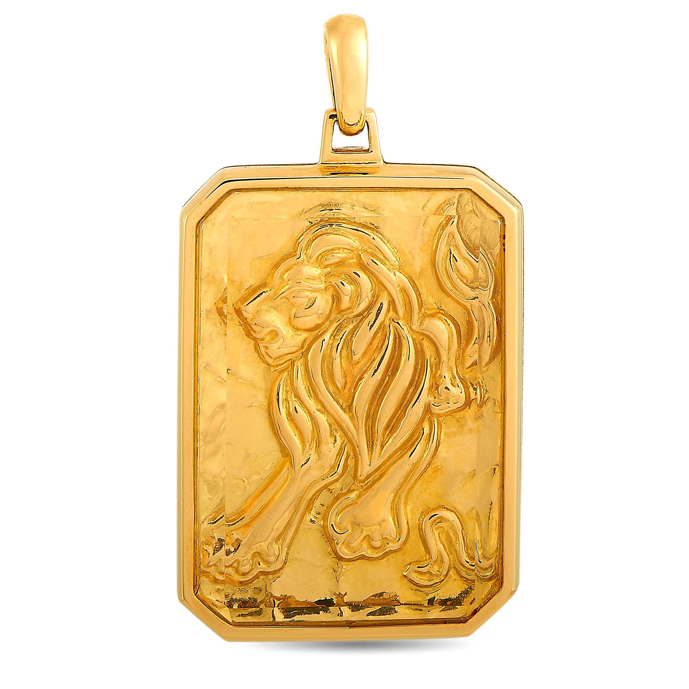 This vintage Cartier pendant is crafted from 18K yellow gold and boasts a depiction of a Leo - the fifth astrological sign of the zodiac. The pendant weighs 25.1 grams and measures 1.88” in length and 1” in width.

Offered in estate condition, this