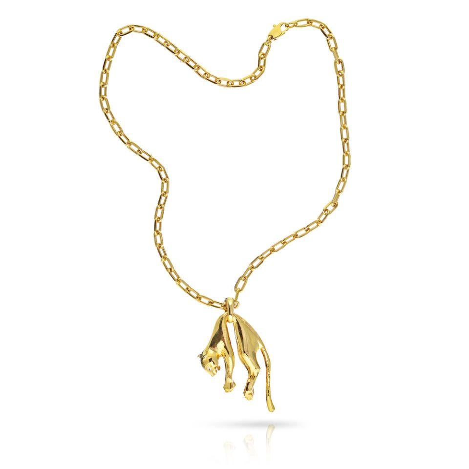 18K Yellow Gold Cartier Suspended Panther On A Cartier Chain Necklace. Made with 2 marquise cut diamonds as eyes and 5 round diamonds on a bail this necklace has a vintage feel with raw feel of heavy gold jewelry. 

You will be pleasantly surprised