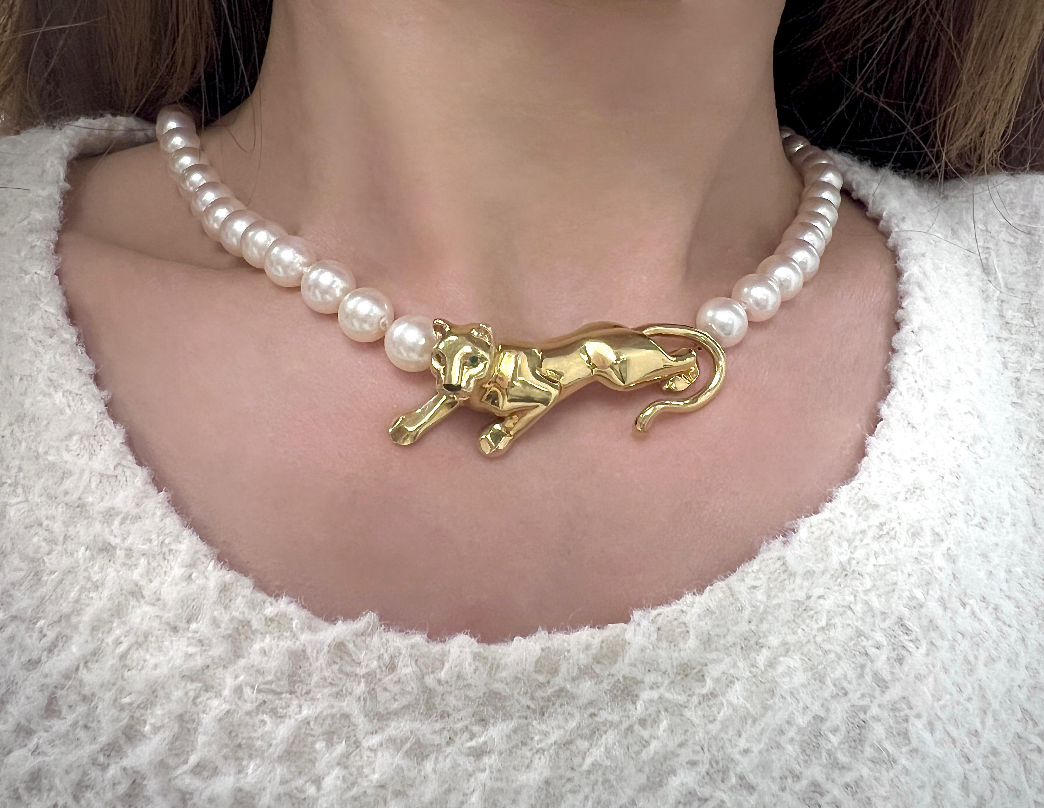 Cartier Collier vintage Panthère en or jaune 18 carats, émeraudes et perles en vente 4