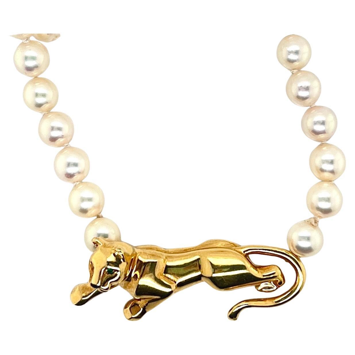 Cartier Vintage 18K Yellow Gold Panthere Emerald and Pearl Necklace