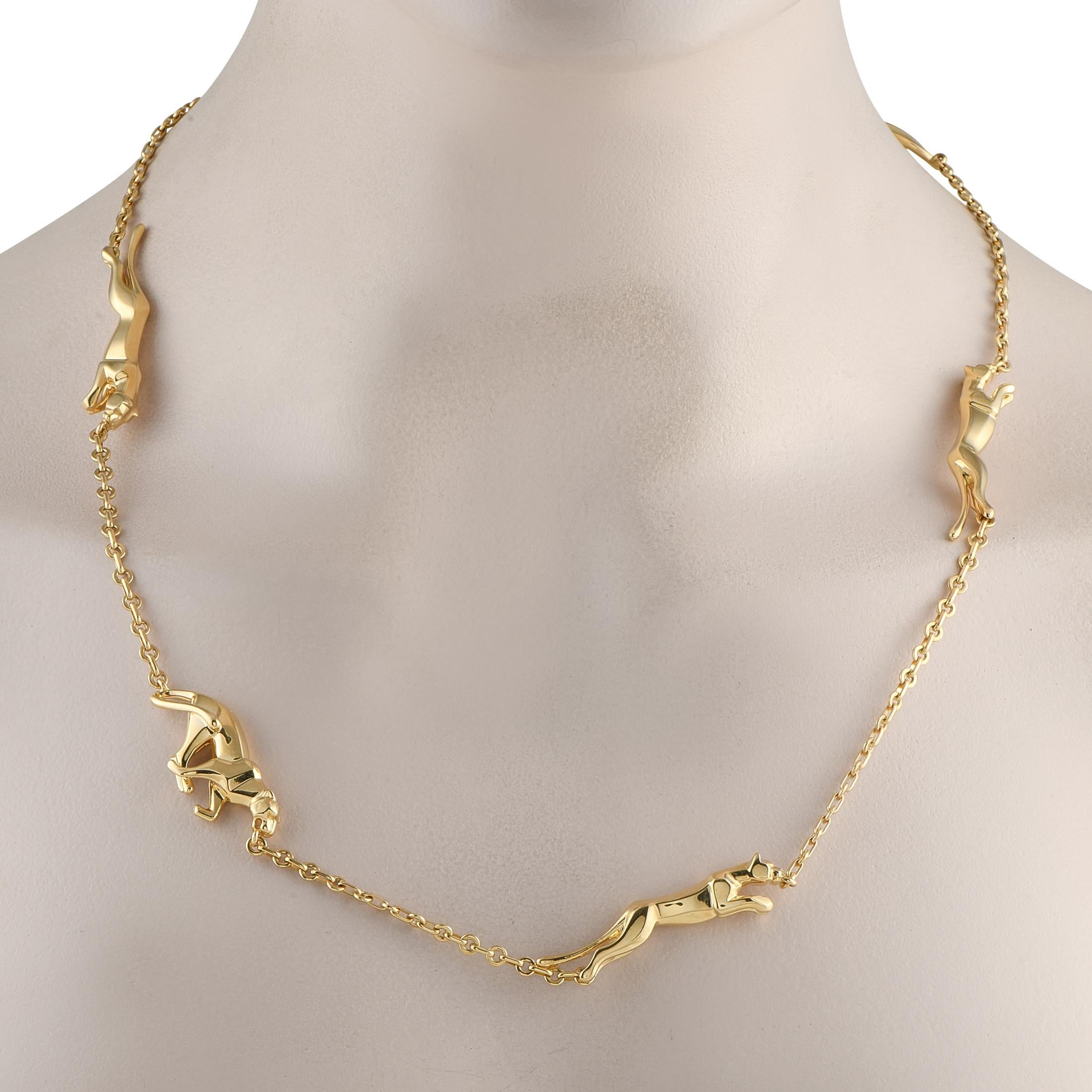 Undeniably Cartier, this yellow gold necklace from the Panthre collection presents a sleek yet daring style. Along the necklace's 34-inch-long cable chain are sculpted panthersrendered with exquisite detailappearing to prowl, run, and leap. The