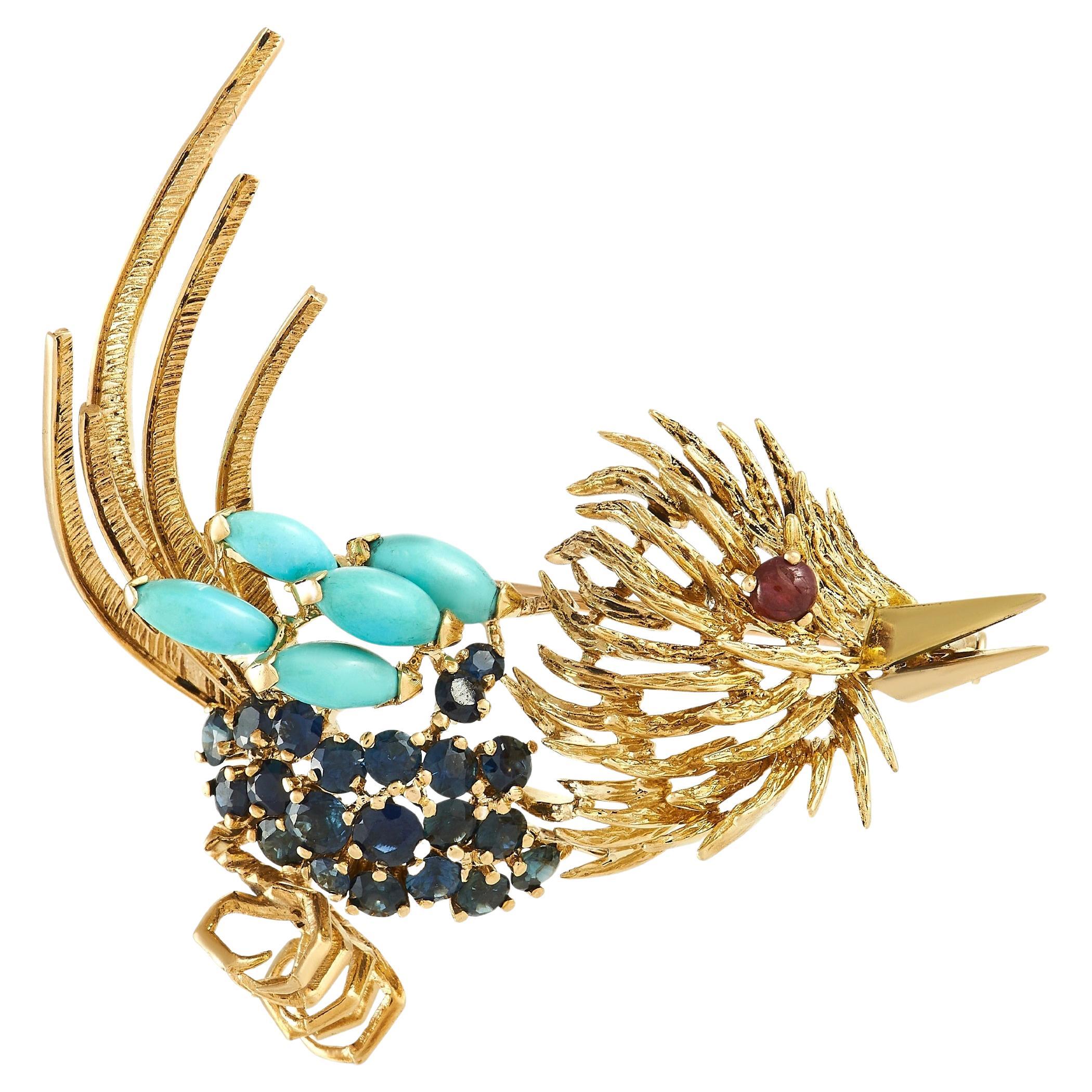 Cartier Vintage 18K Yellow Gold Sapphire, Turquoise, and Ruby Bird Brooch