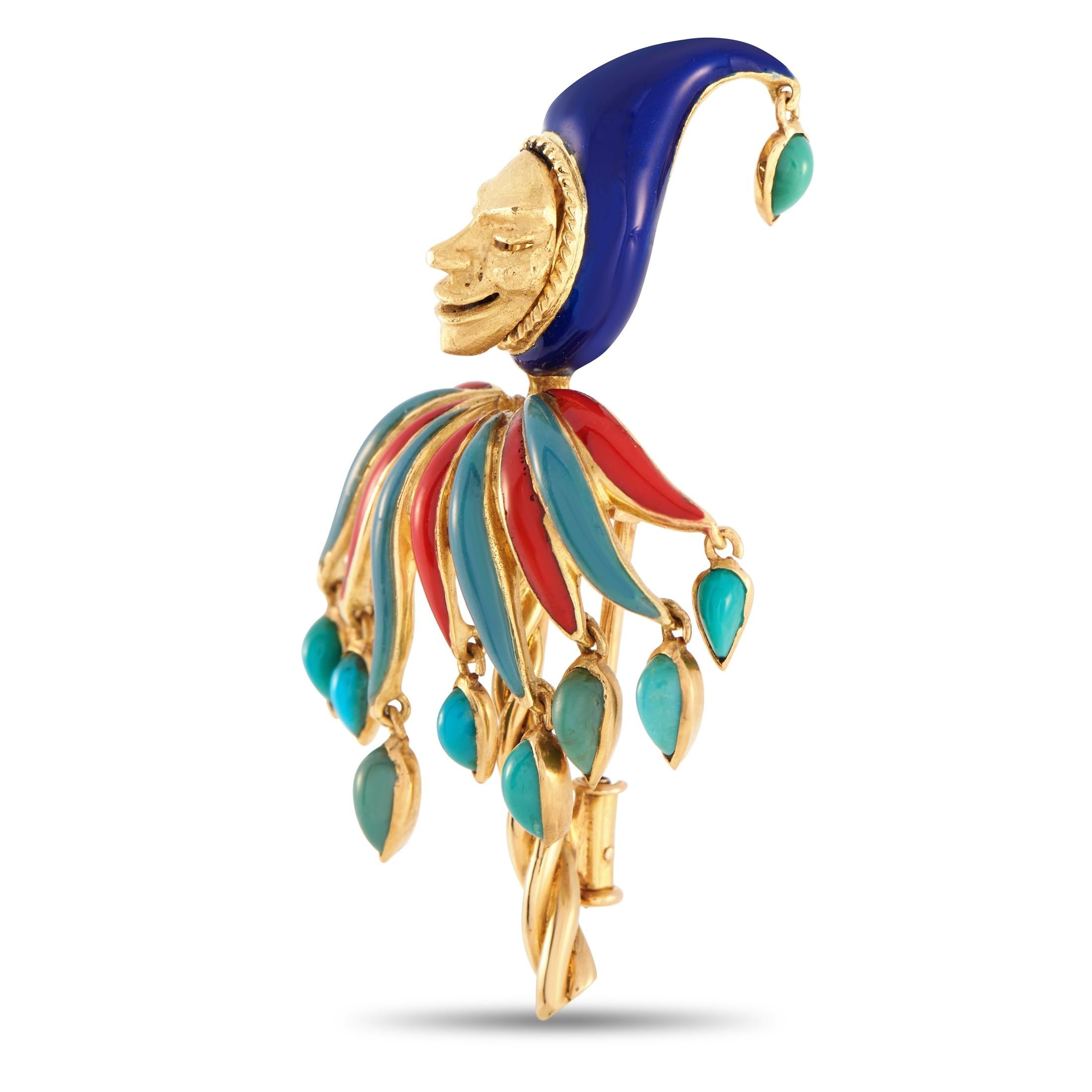 This vintage piece from Cartier possesses a whimsical sense of old-fashioned elegance. Shaped to resemble a jester, it’s crafted from 18K Yellow Gold and accented by an array of colorful accents. Add charm to any outfit by adding this brooch, which