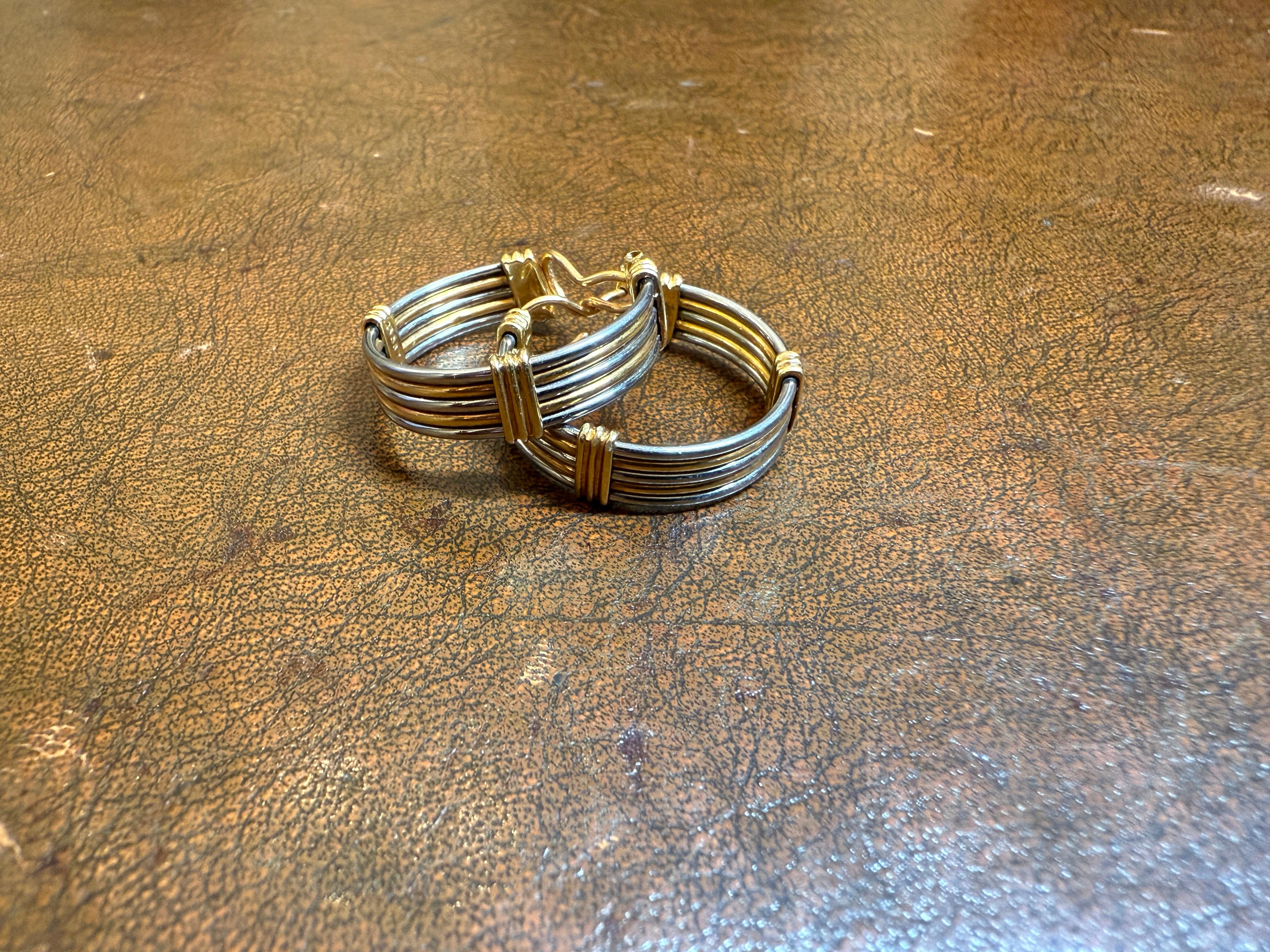 Women's or Men's Cartier Vintage 18kt Gold and  Stainless Steel Hoop Earrings For Sale
