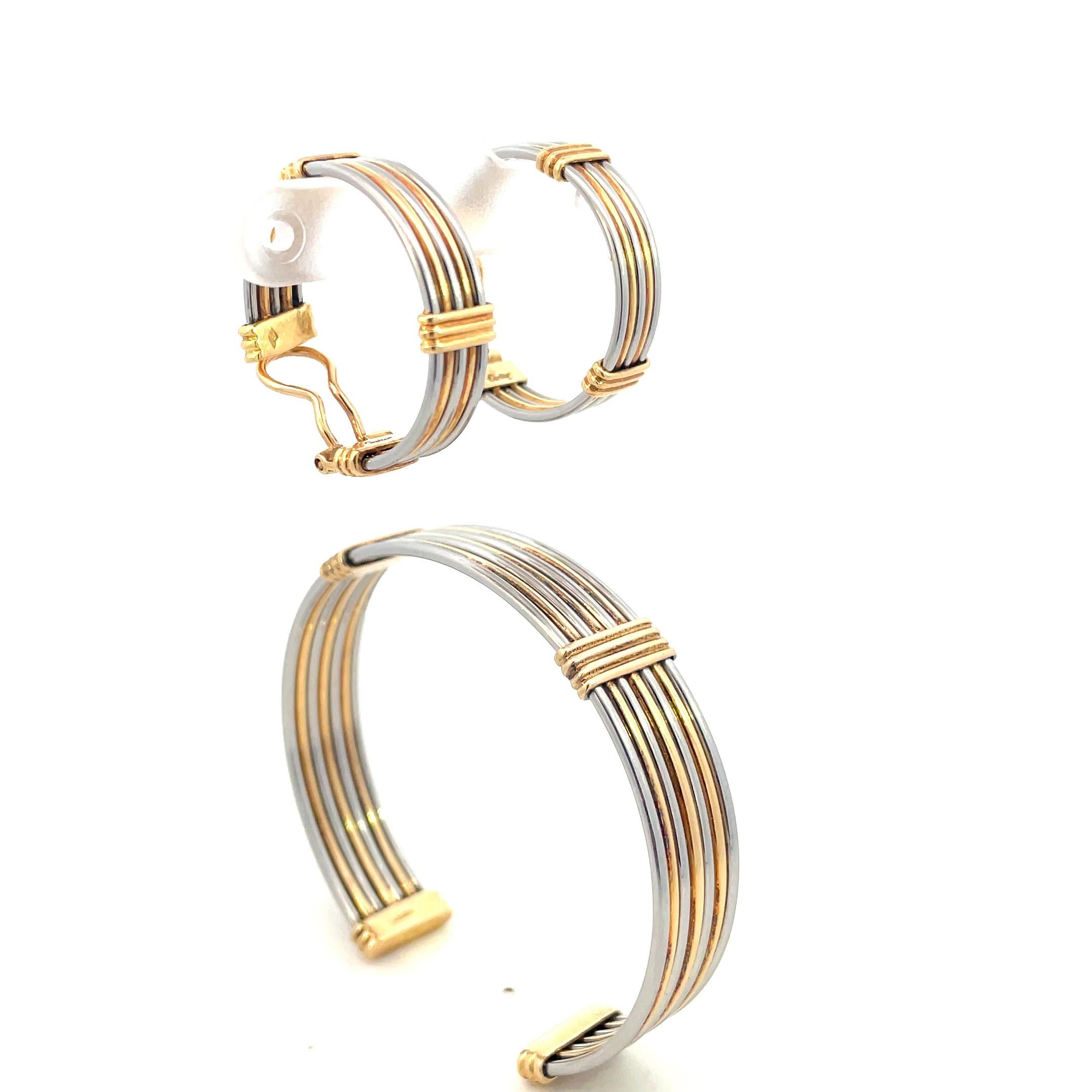 Cartier Vintage 18kt Gold Stainless Steel Bangle Bracelet and Earrings Set In Excellent Condition For Sale In Milano, IT