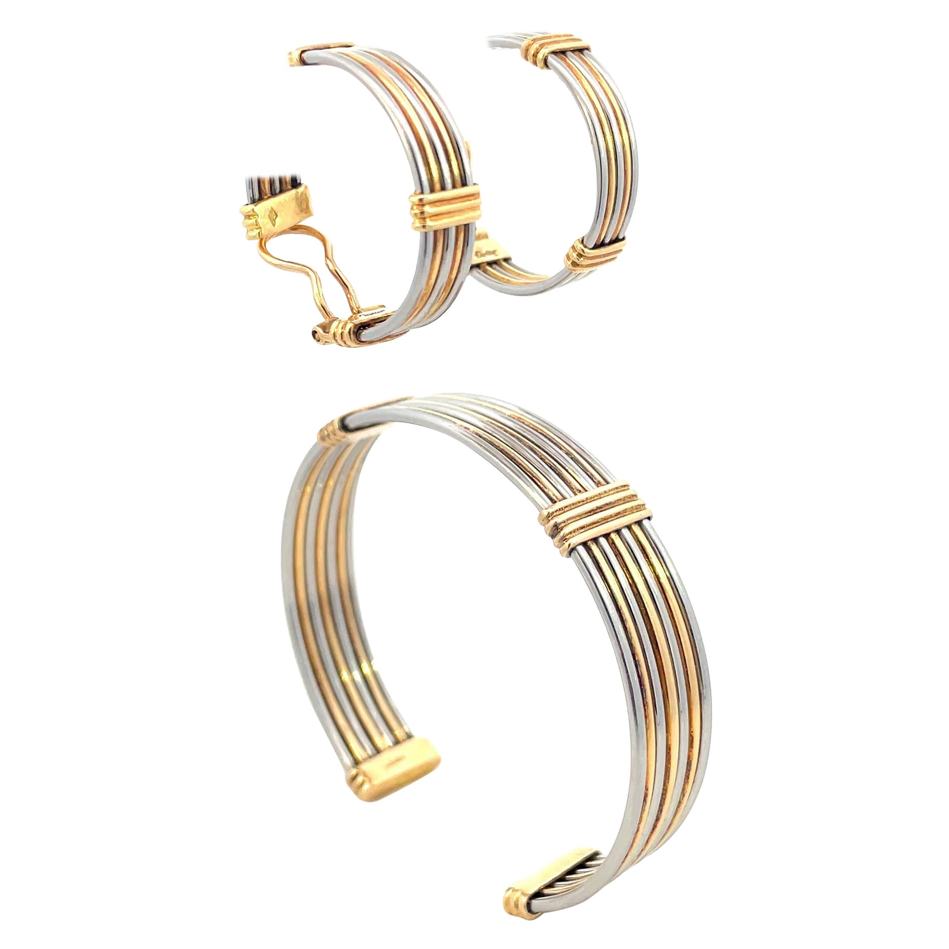 Cartier Vintage 18kt Gold Stainless Steel Bangle Bracelet and Earrings Set