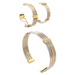 Cartier Vintage 18kt Gold Stainless Steel Bangle Bracelet and Earrings Set