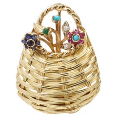 Cartier Vintage 18kt. Yellow Gold Basket with Gem Flowers Brooch