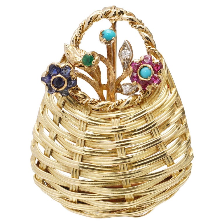 Cartier Vintage 18kt. Yellow Gold Basket with Gem Flowers Brooch For