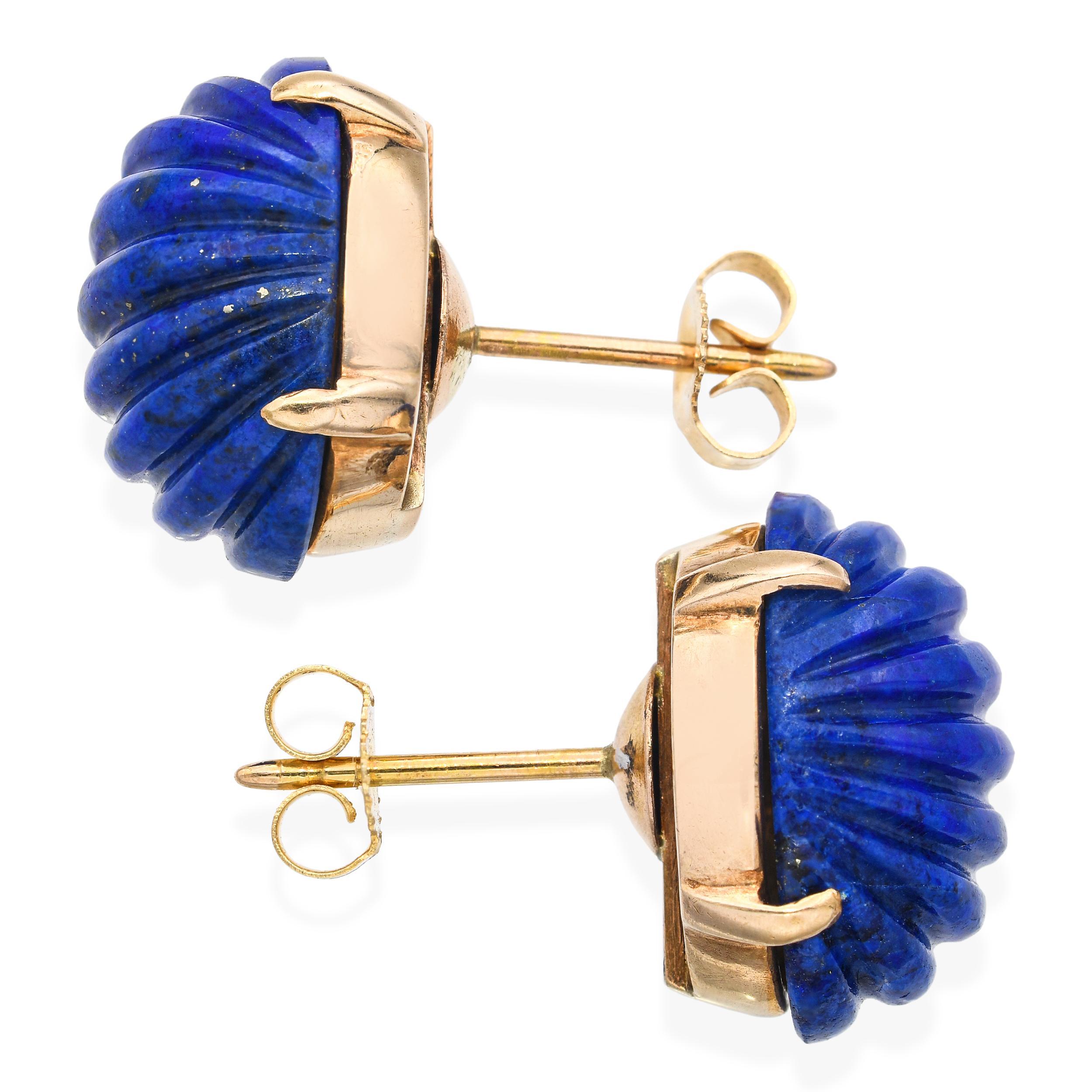 Modern Cartier Vintage 1950s/1960s 14K Yellow Gold Carved Lapis Lazuli Earrings