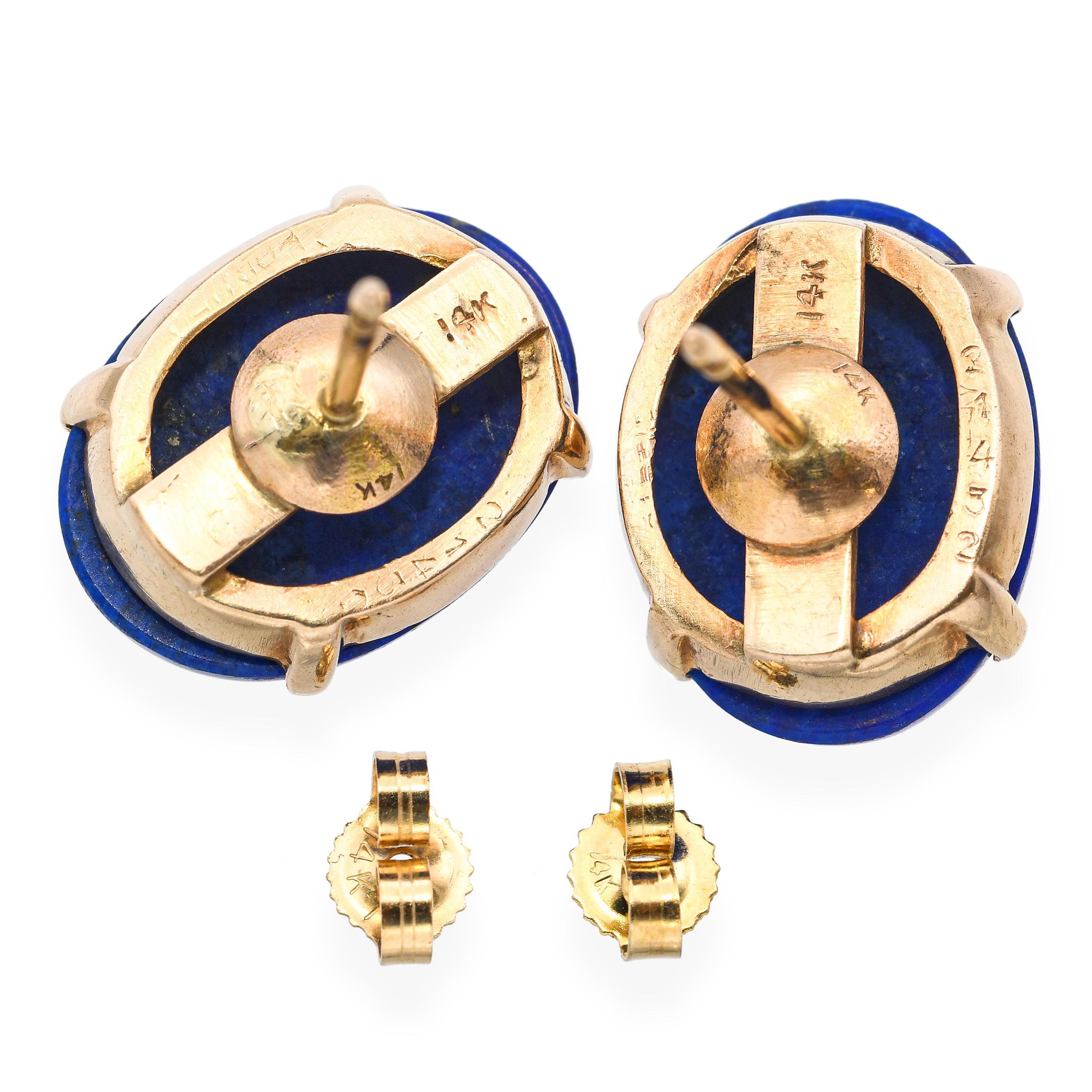 Cabochon Cartier Vintage 1950s/1960s 14K Yellow Gold Carved Lapis Lazuli Earrings