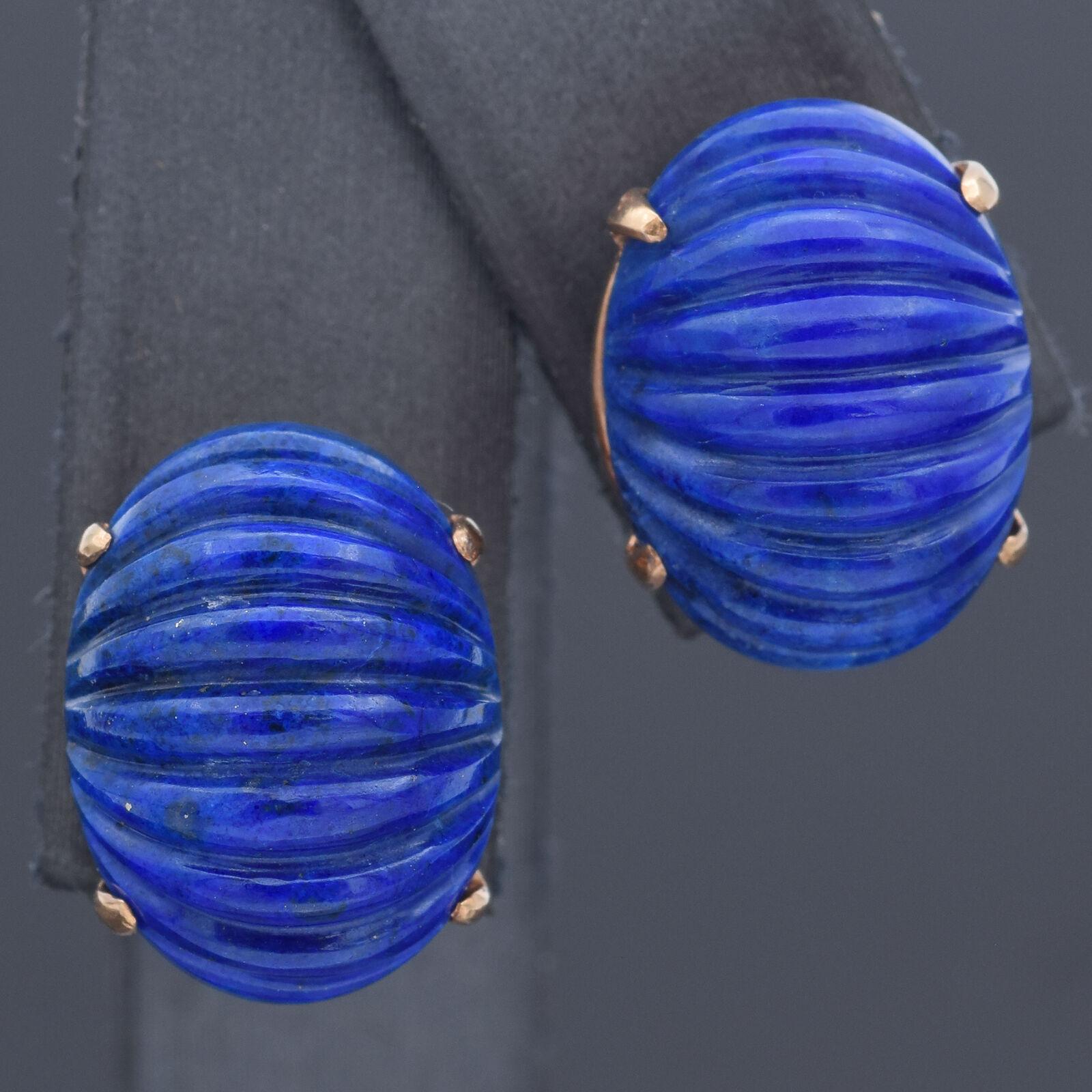 Oval Cut Cartier Vintage 1950s/1960s Lapis Yellow Gold Carved Oval Cabochon Earrings For Sale