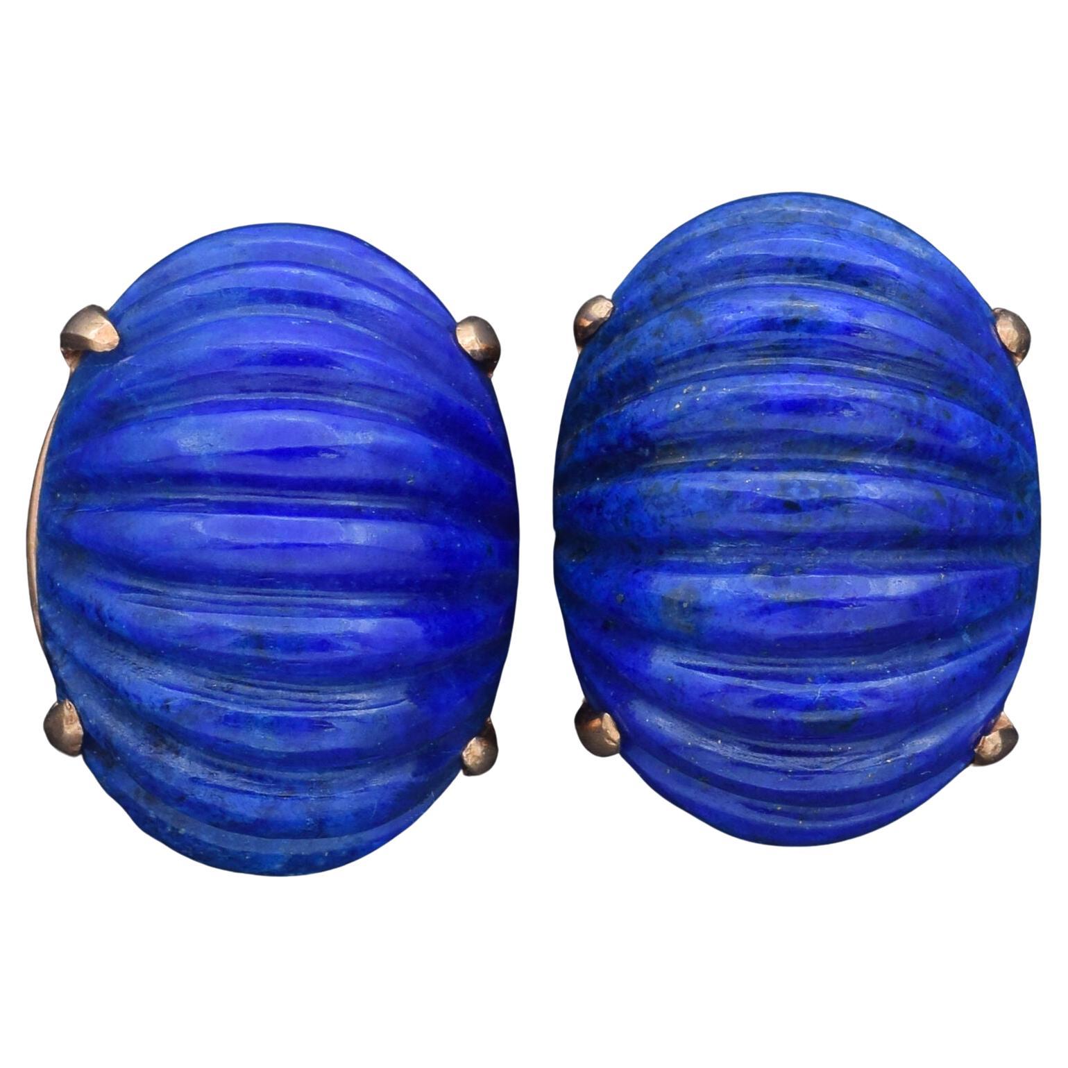 Cartier Vintage 1950s/1960s Lapis Yellow Gold Carved Oval Cabochon Earrings For Sale