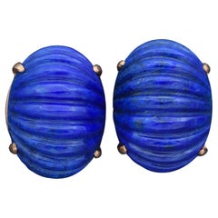 Cartier Antique 1950s/1960s Lapis Yellow Gold Carved Oval Cabochon Earrings