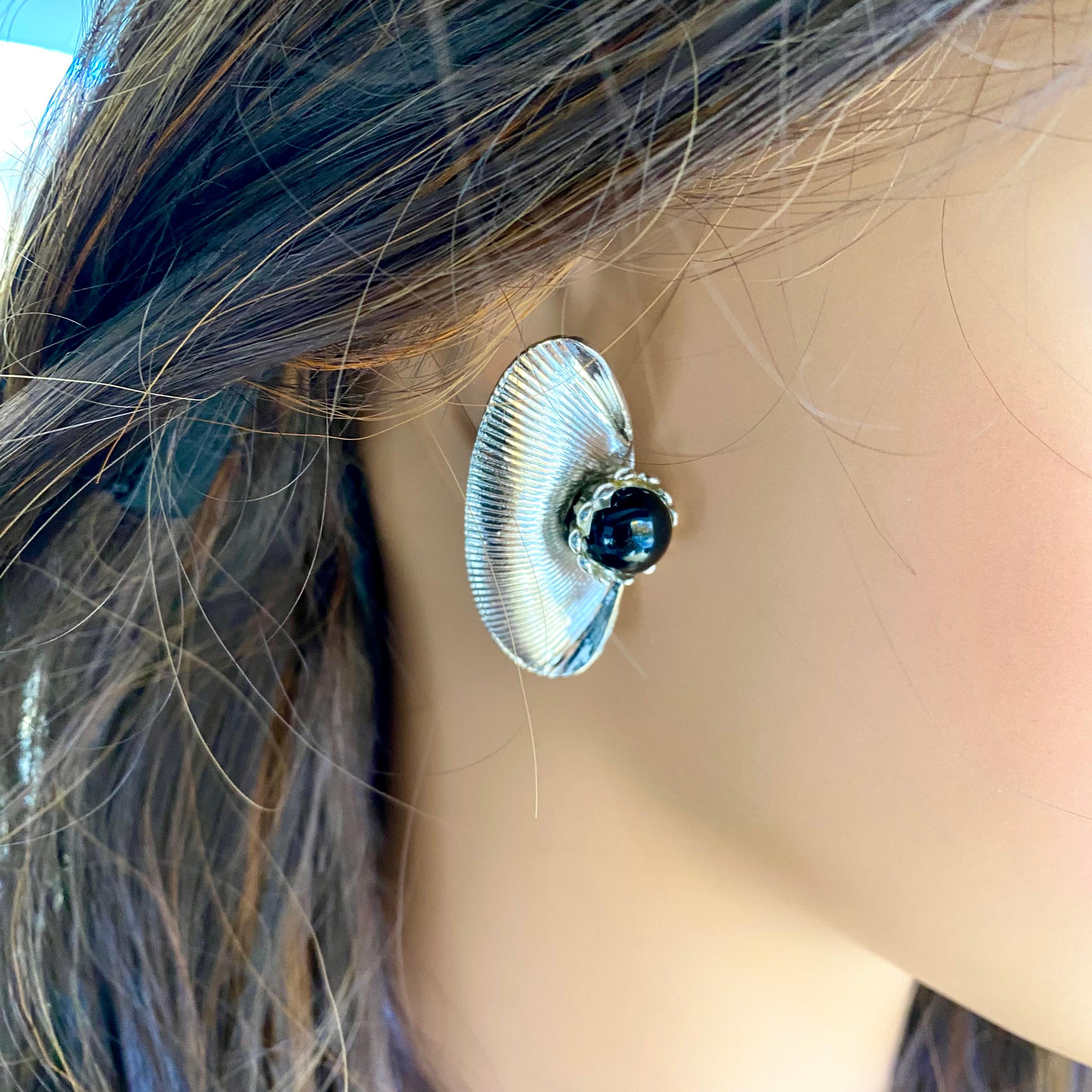 Retro Cartier Vintage 1970 Silver Clip Earrings Black Stone 1.80 by 0.80 Inch Size
