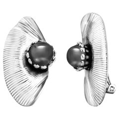 Cartier Retro 1970 Silver Clip Earrings Black Stone 1.80 by 0.80 Inch Size