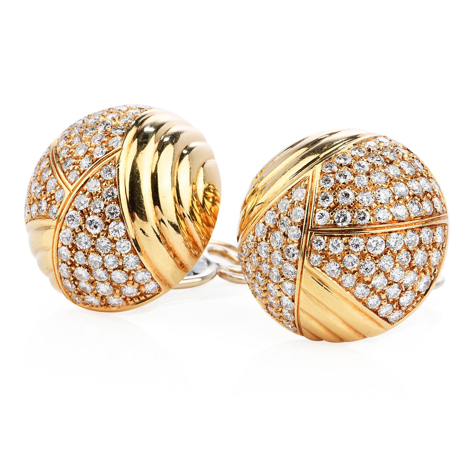 Vintage Cartier from mid-80s to early 90s, cluster dome clip on earrings, made for a sophisticated retro look,

Crafted in 18K yellow gold, the piece is enhanced by Pave set round cut Diamonds weighing approximately 6.10 carats (F-G color and VVS