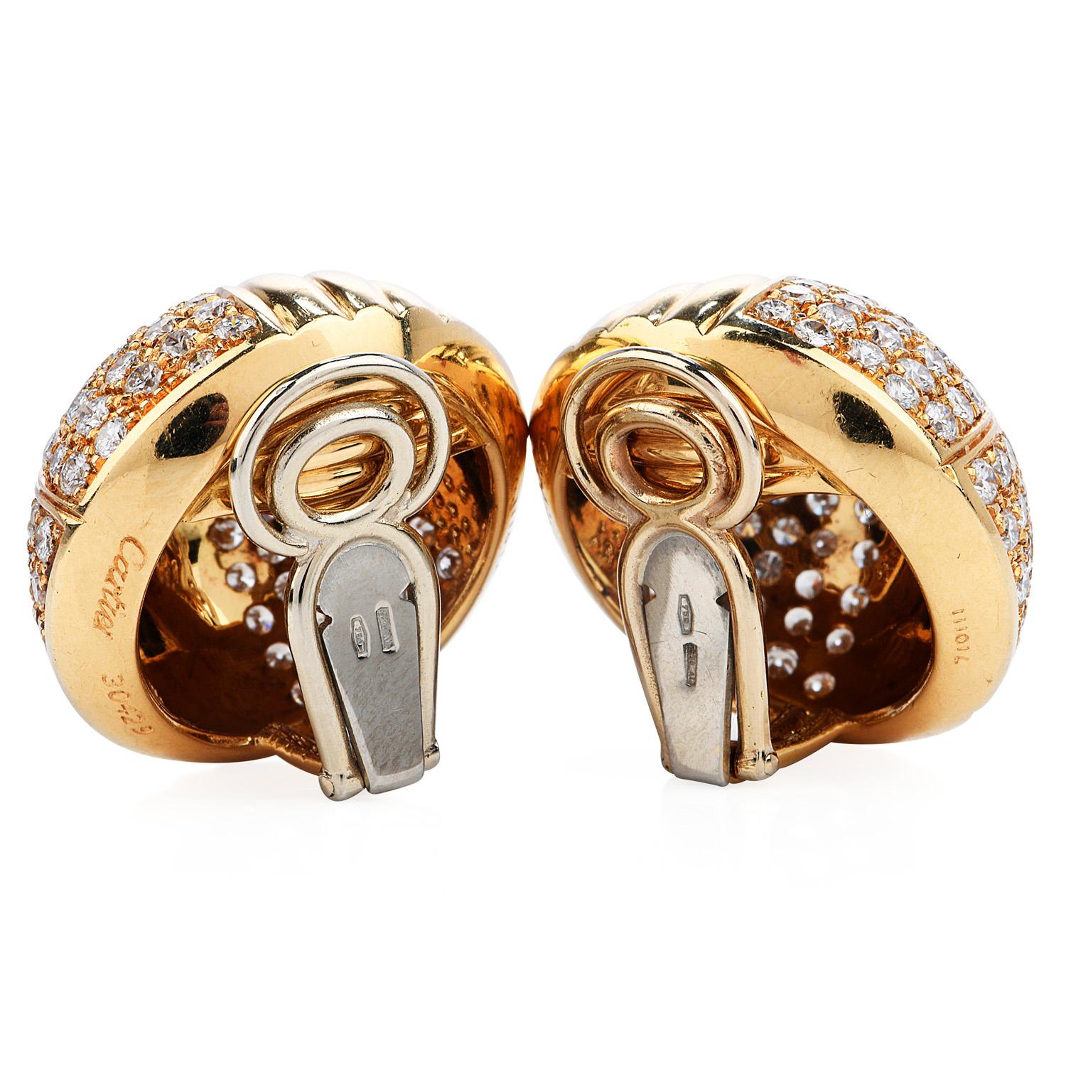 Round Cut Cartier Vintage 6.10 Carat Diamond 18k Gold Dome Clip On Earrings For Sale