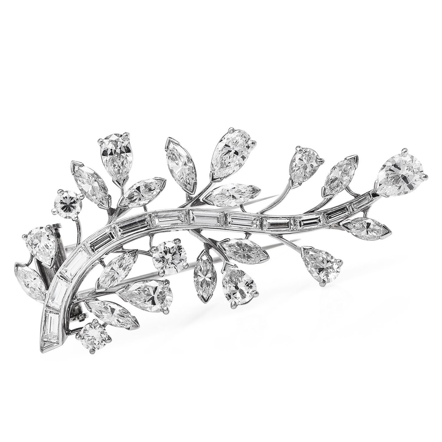 Dazzle yourself with this Vintage Cartier Diamond Platinum Botanical Pin Brooch

Exquisitely crafted in solid platinum, the botanical pattern, Signed Cartier.

This stunning vintage pin is Covered with:

(3) round-cut, prong-set, (3) marquise-cut,