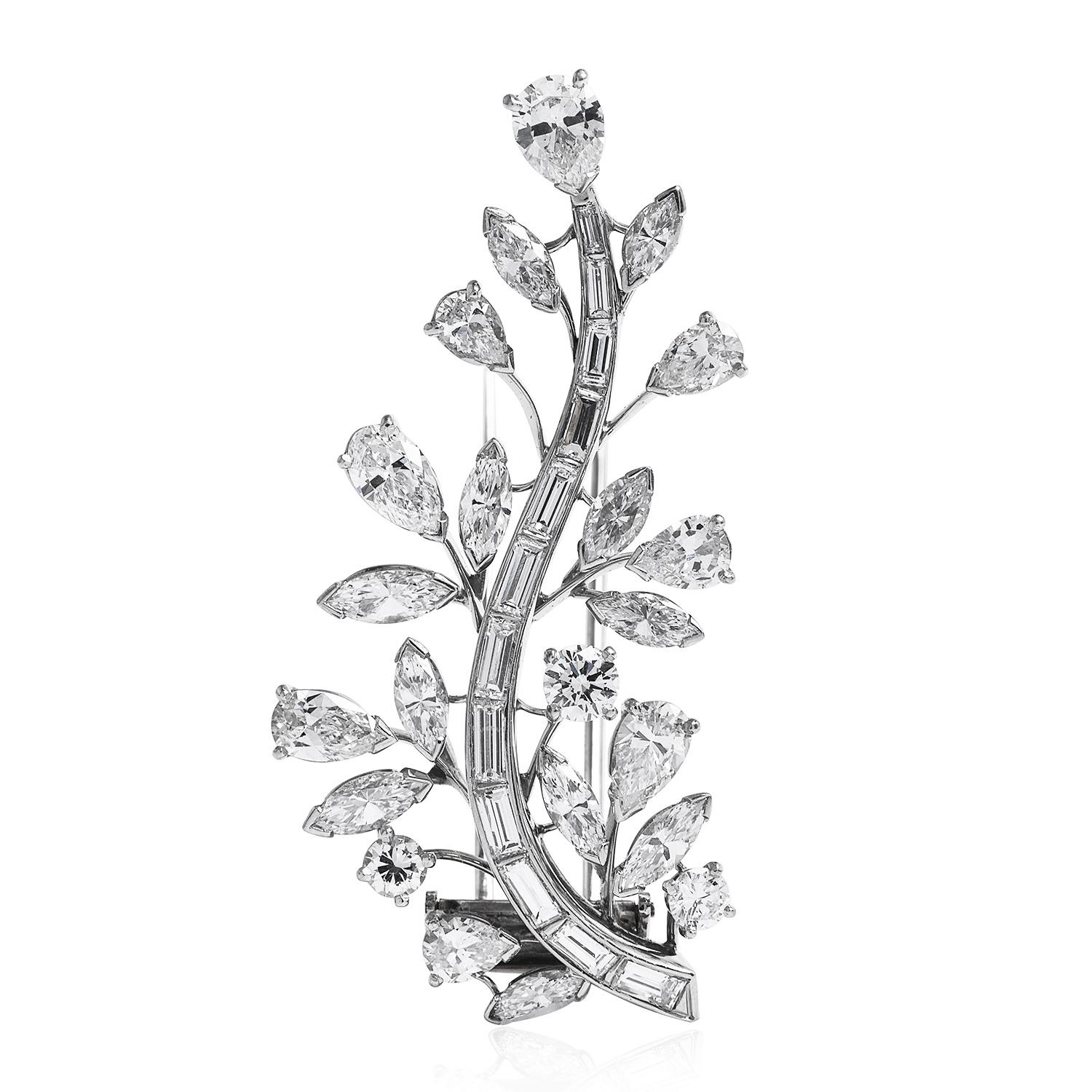 Cartier Vintage 6,50 Karat Diamant Platin Elegante botanische Anstecknadelbrosche (Tropfenschliff) im Angebot
