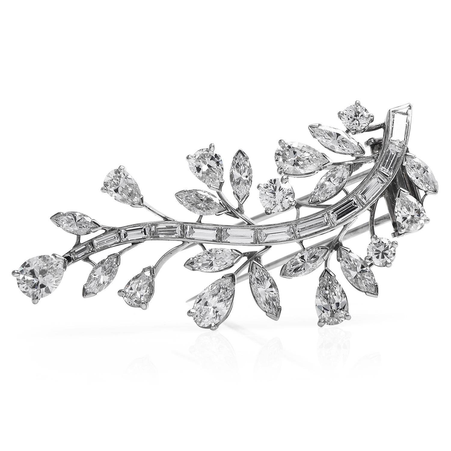 Pear Cut Cartier Vintage 6.50cts Diamond Platinum Elegant Botanical Pin Brooch For Sale