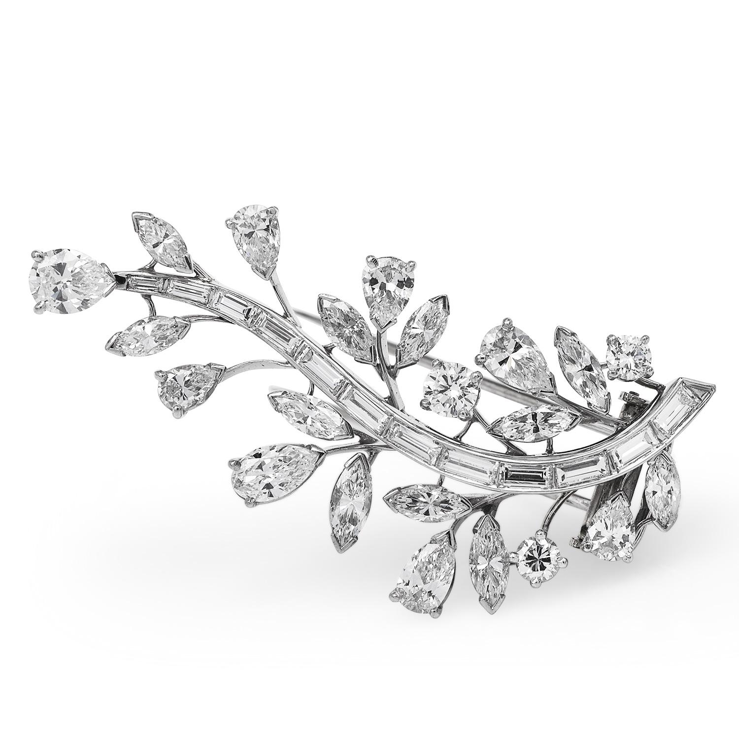 Cartier Vintage 6.50cts Diamond Platinum Elegant Botanical Pin Brooch In Excellent Condition For Sale In Miami, FL
