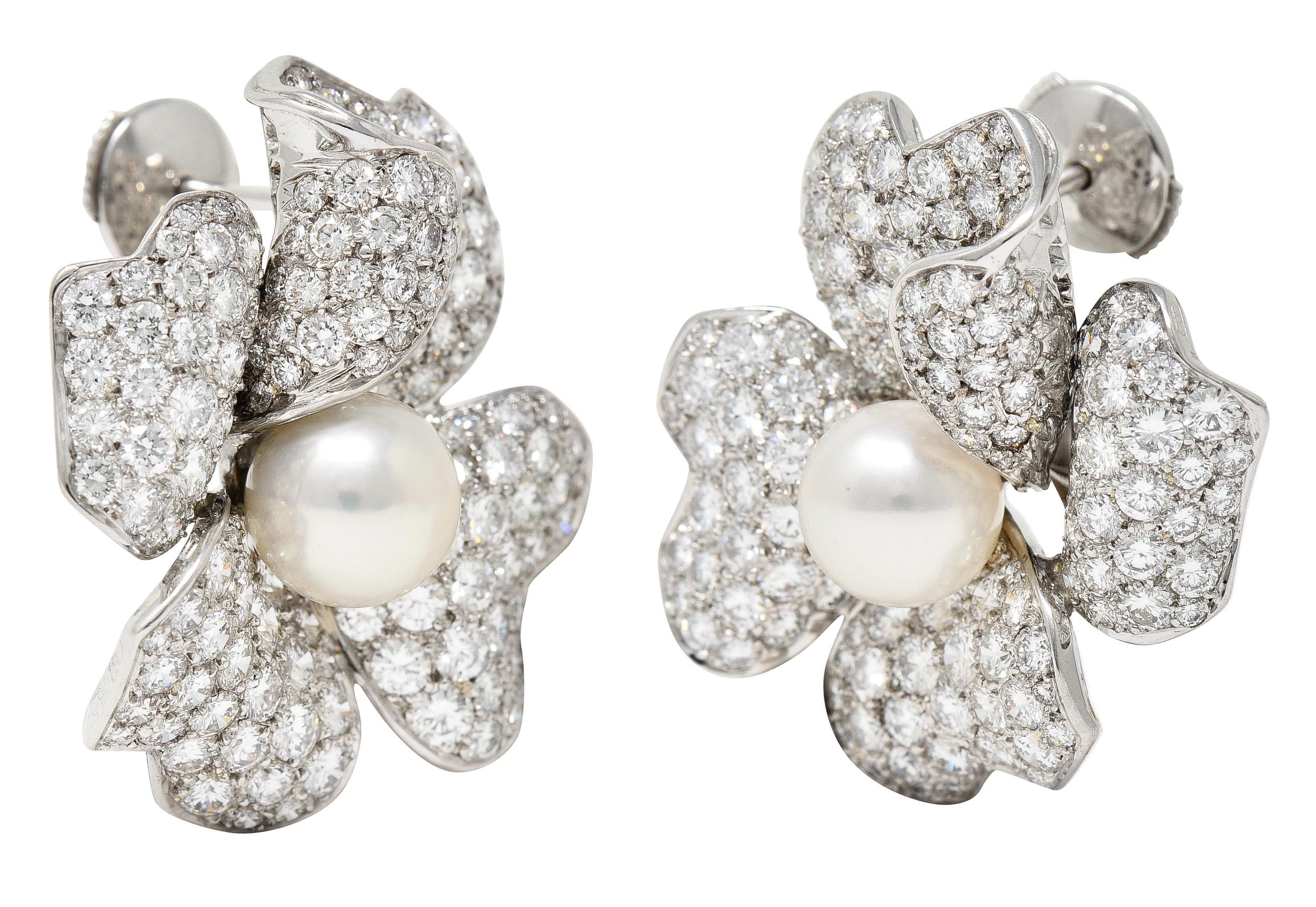 Cartier Vintage 9.28 CTW Diamond South Sea Pearl 18 Karat White Gold Flower Earr For Sale 3