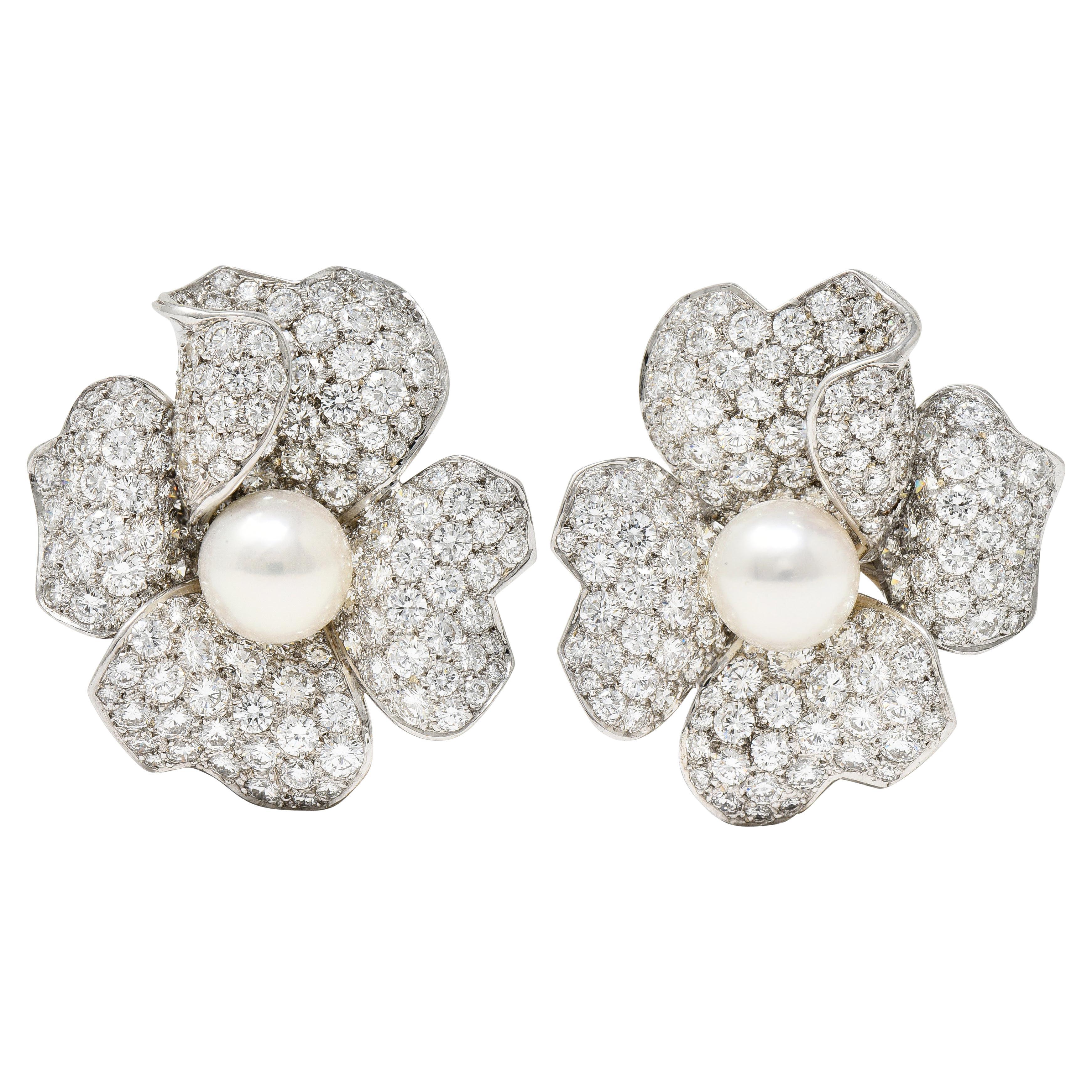 Cartier Vintage 9.28 CTW Diamond South Sea Pearl 18 Karat White Gold Flower Earr For Sale
