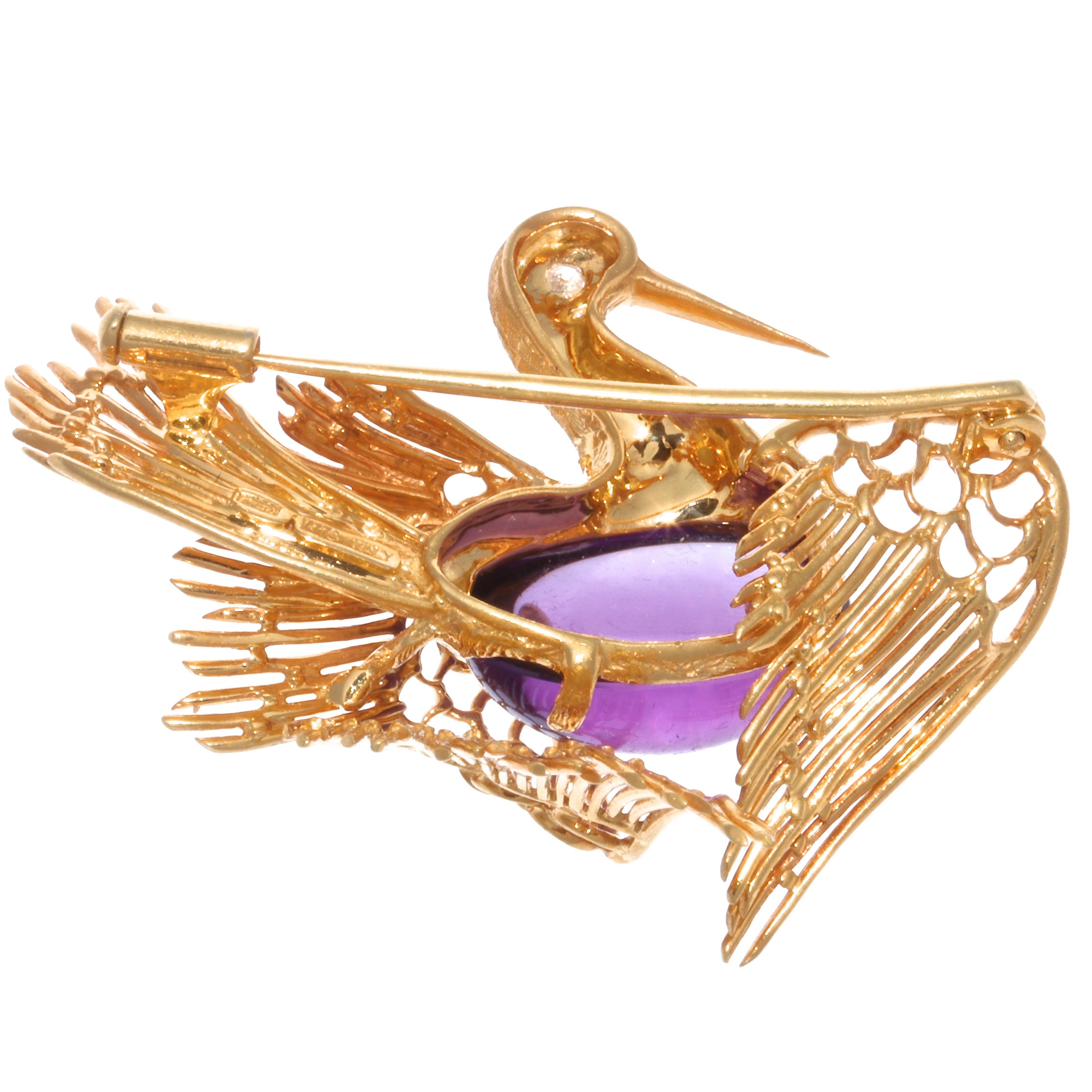 From the Cartier menagerie, an interesting and graceful bird brooch, that would be a great addition to your signed collection. Hallmarked Cartier Italy. The beautiful, vibrant amethyst cabochon is approximately 11.25 carats with a single cut diamond