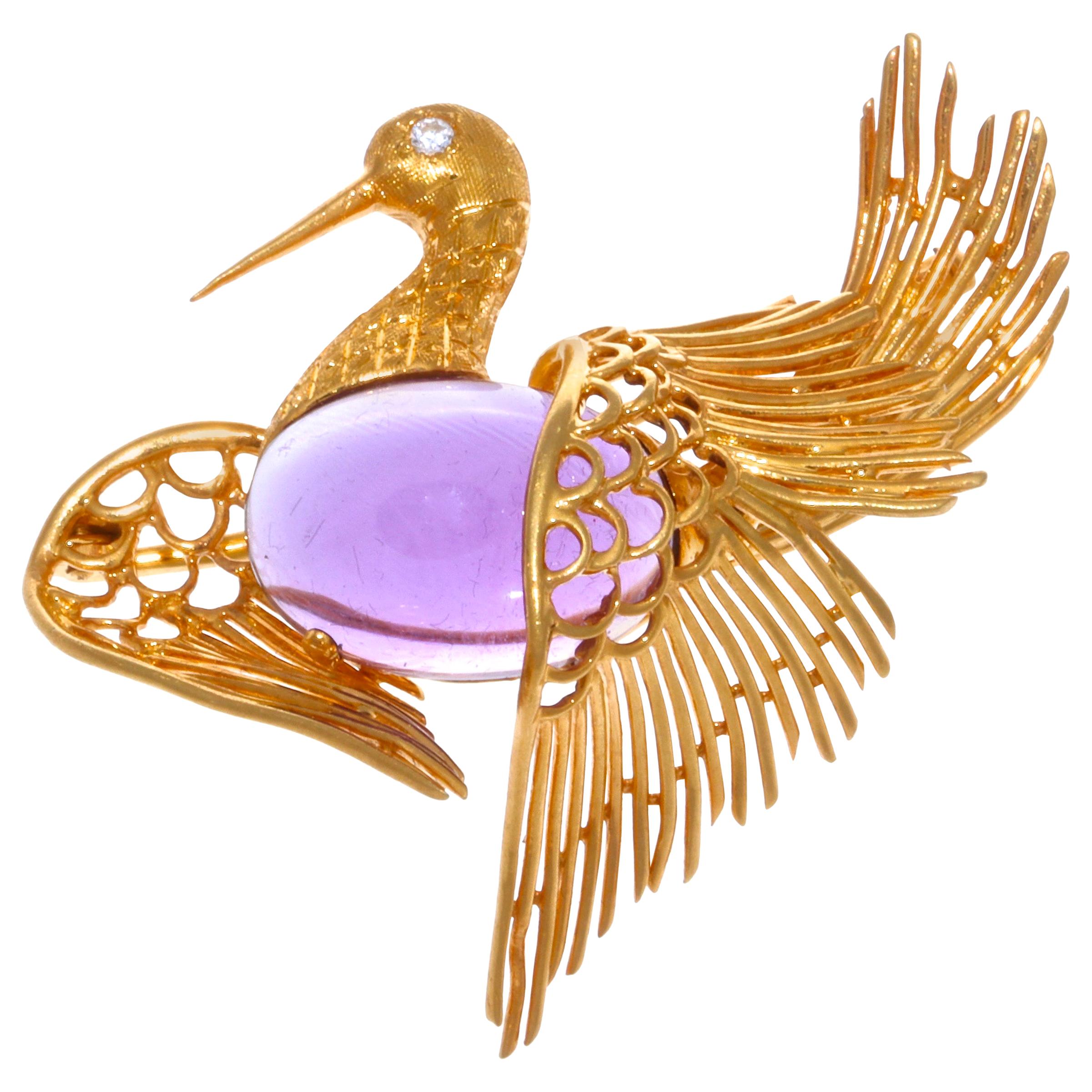 Cartier Vintage Amethyst Diamond 18 Karat Gold Bird Brooch